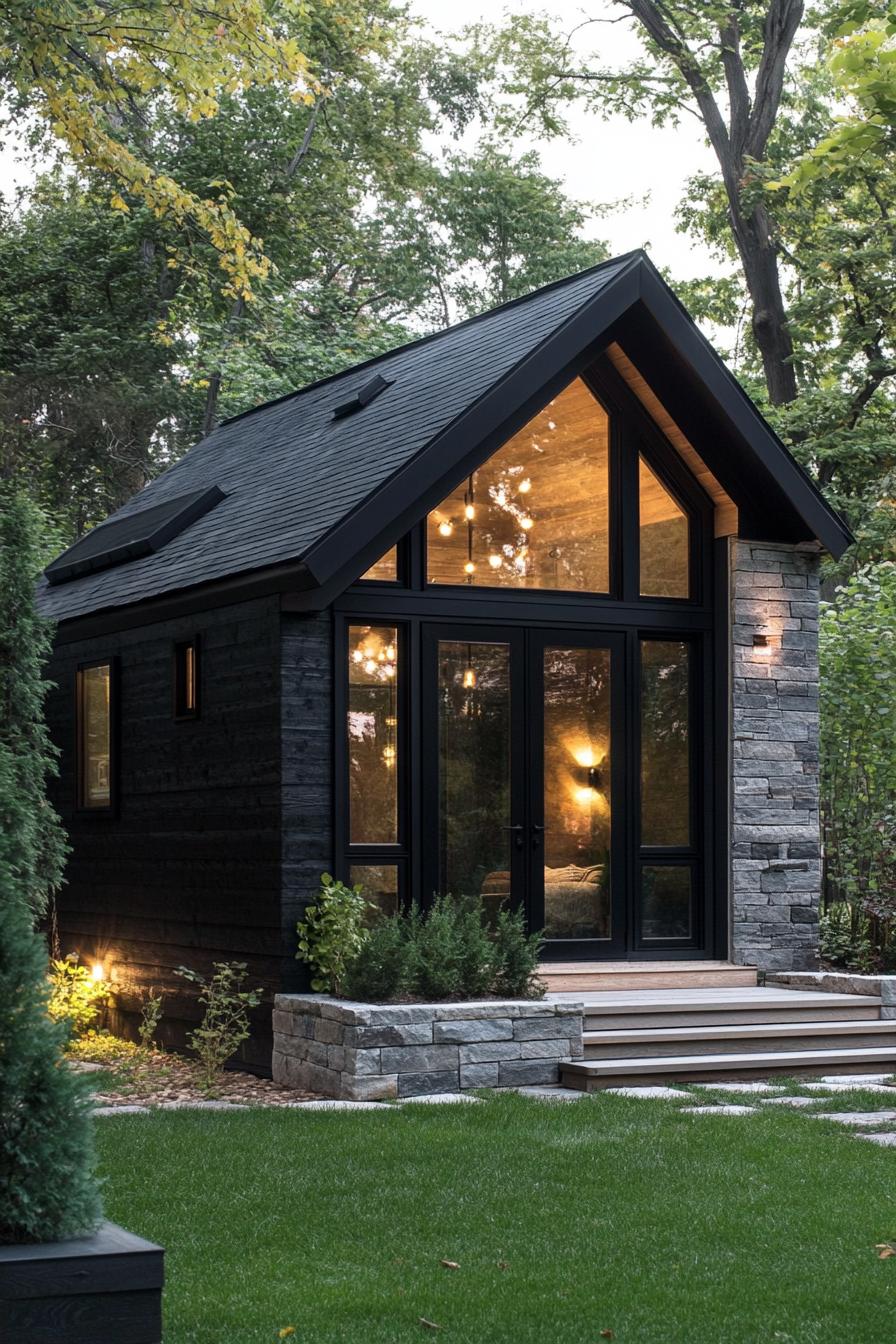 tiny modern luxury cottage with black slate siding black multi pitched roof stone foundations tiny front potch with steps large modern windows