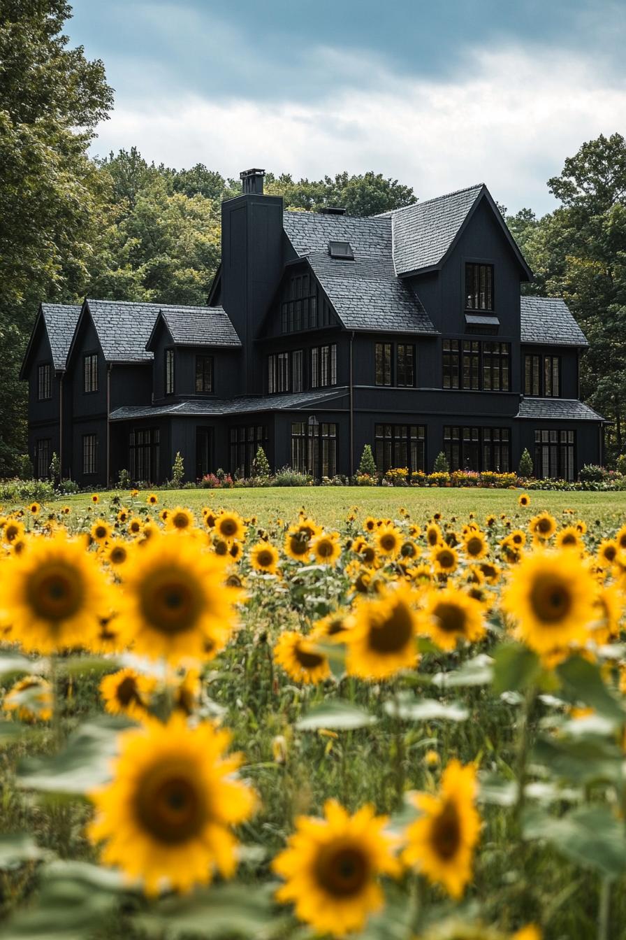 high angle view of large black modern manor house modern windows roof with gables and black shingles in a field of sunflowers contrasting colors