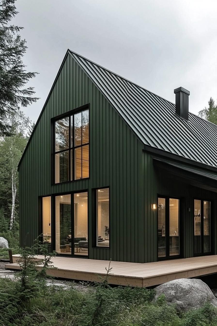 Modern green house with large windows and wooden deck