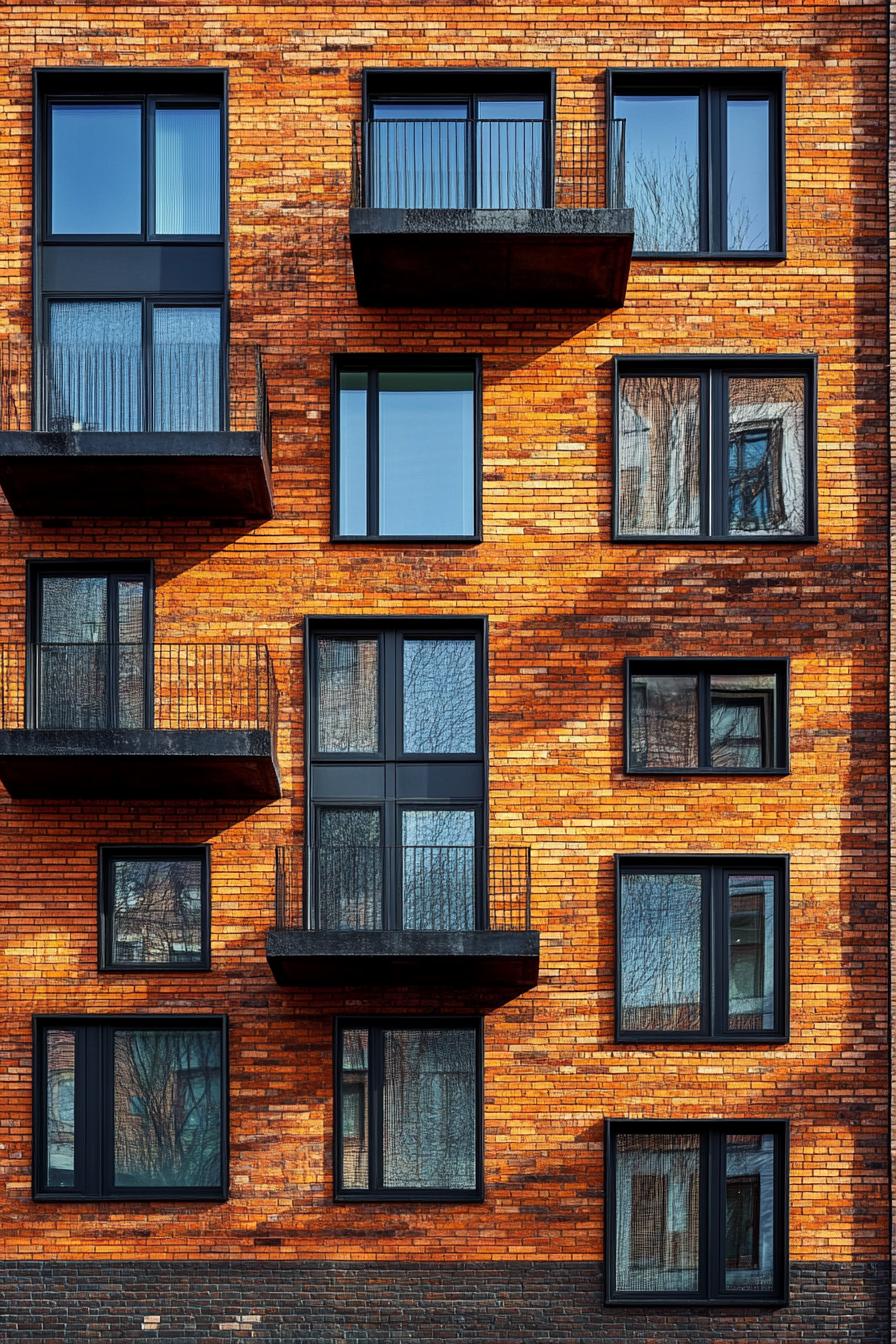 Brick building facade with black framed windows and balconies