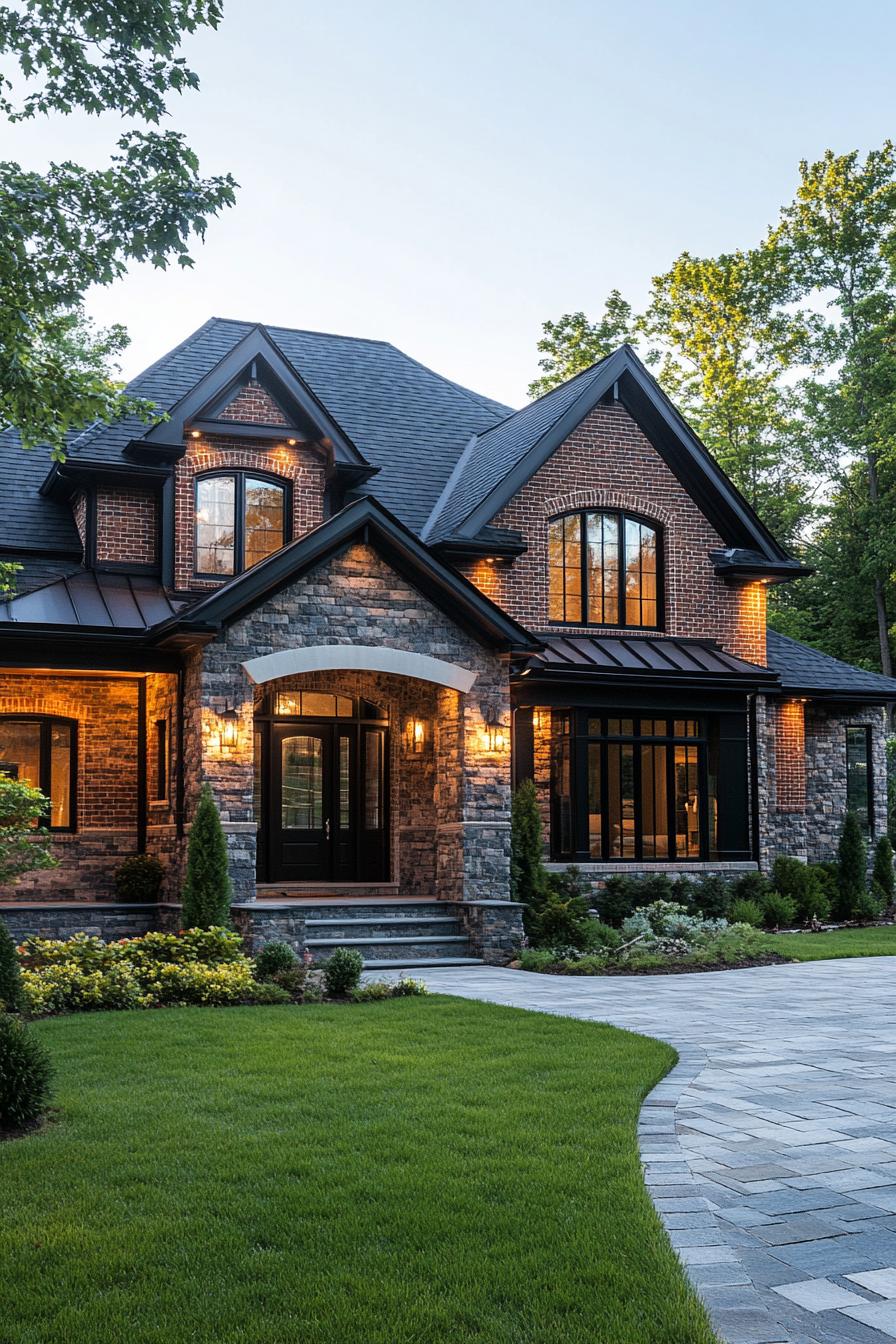 Elegant brick house with warm exterior lighting