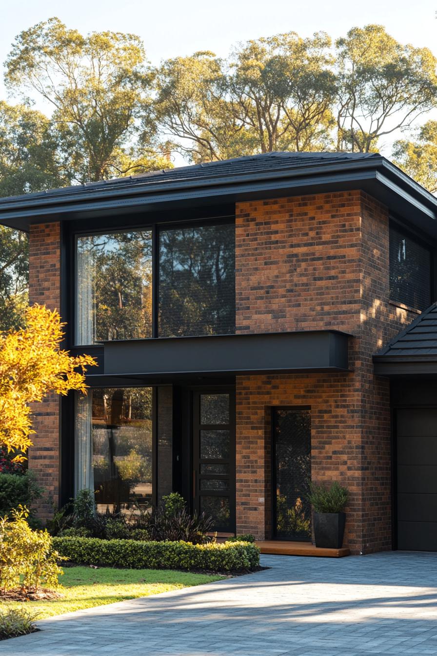 Modern brick house with large windows and lush landscaping