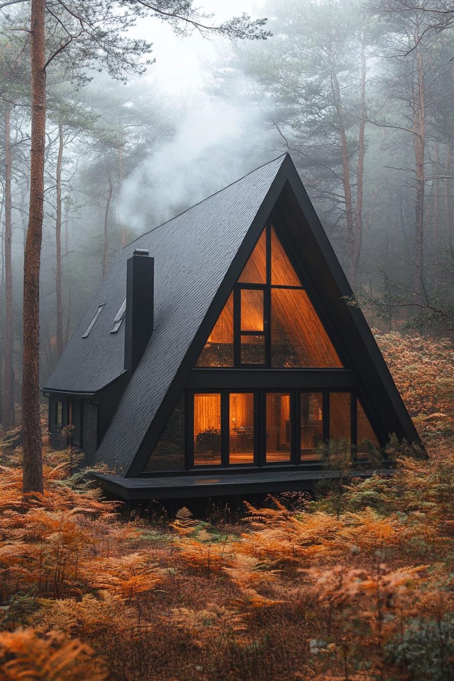 Cozy A-Frame cabin nestled in a foggy forest