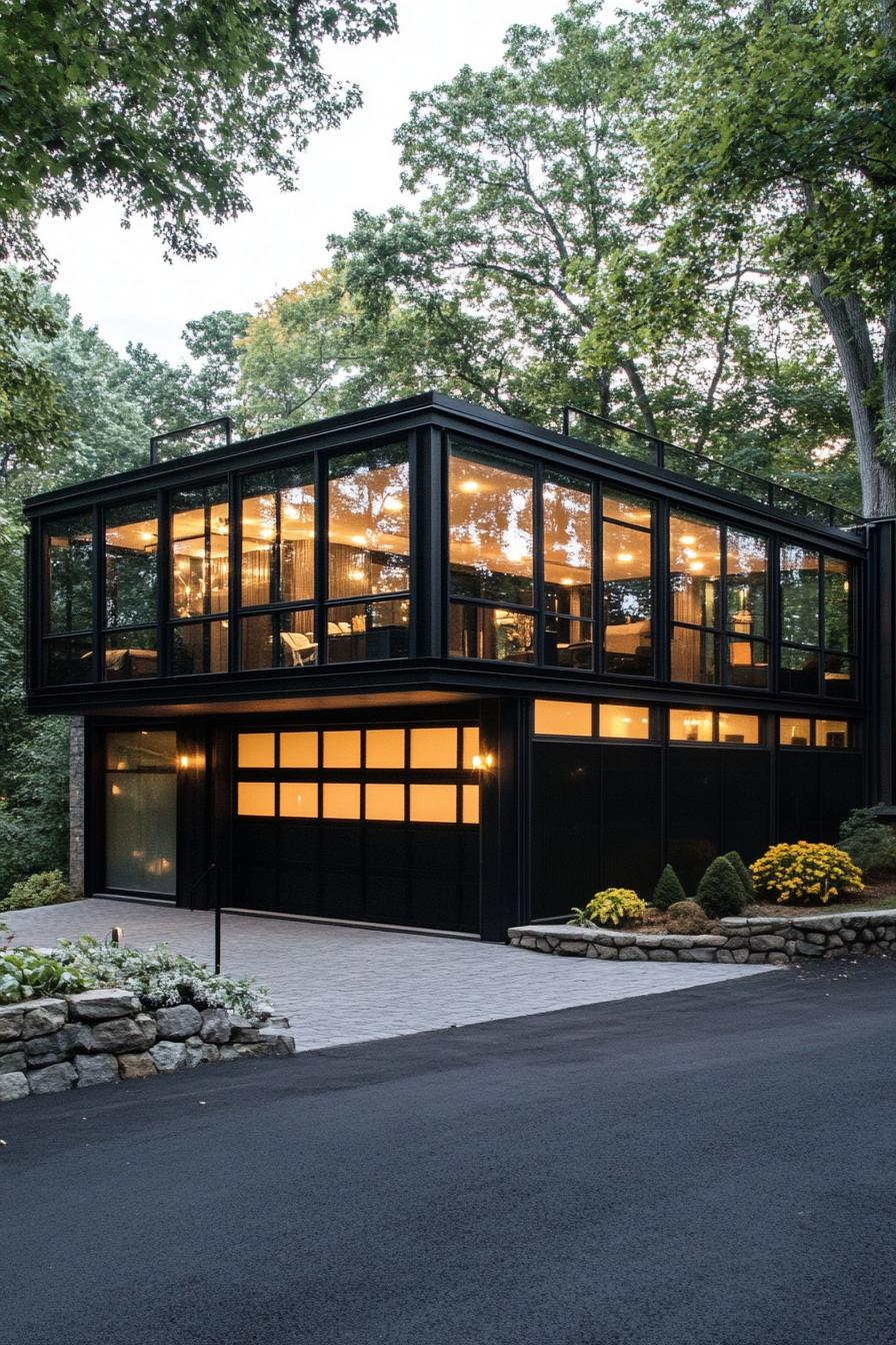 modern glass house with black and white framing garage with brick wall v 6.1