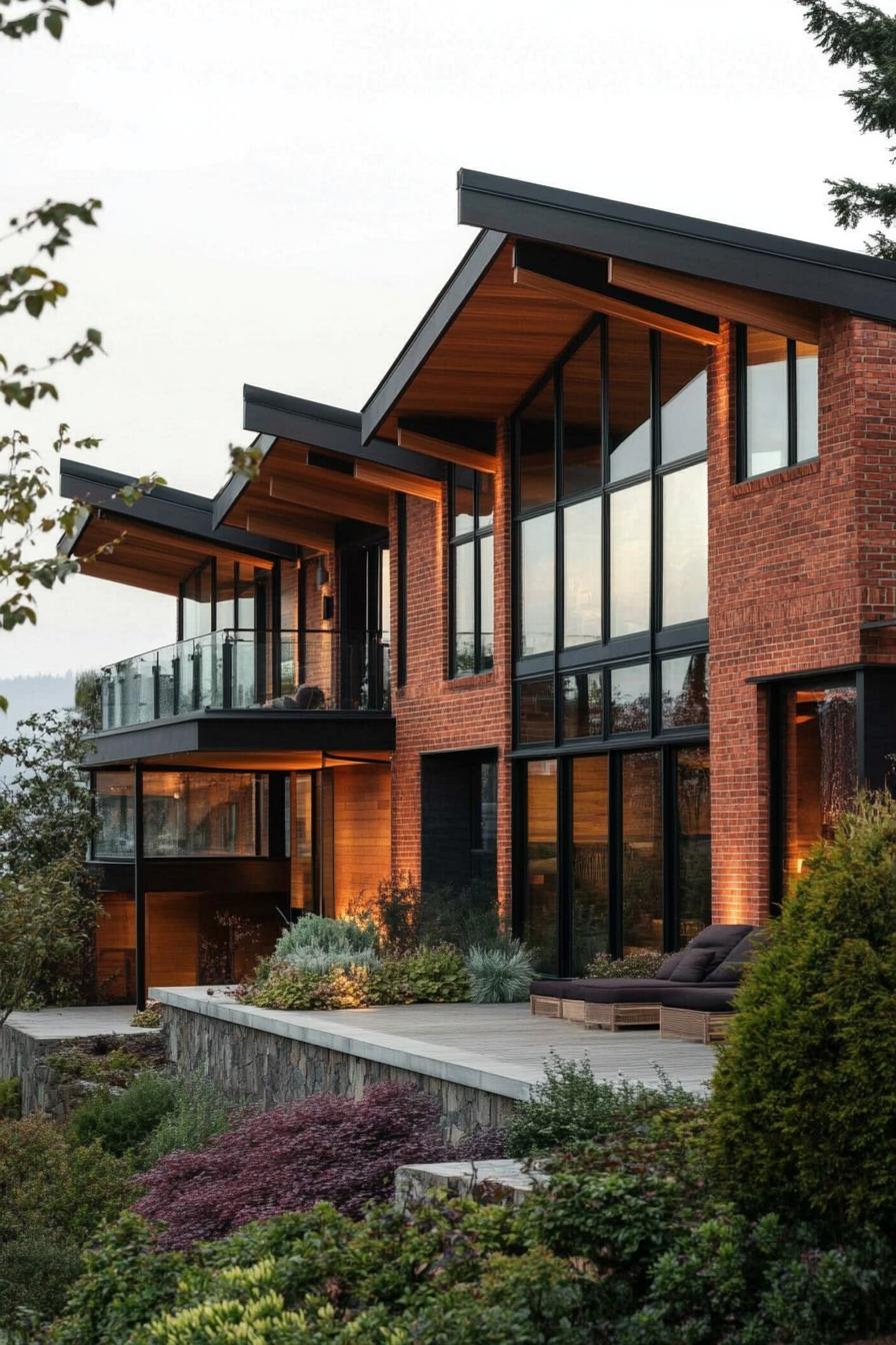 modern slope cascading house facade with red brick siding slanted roof along the hill full wall windows with wooden frames 1