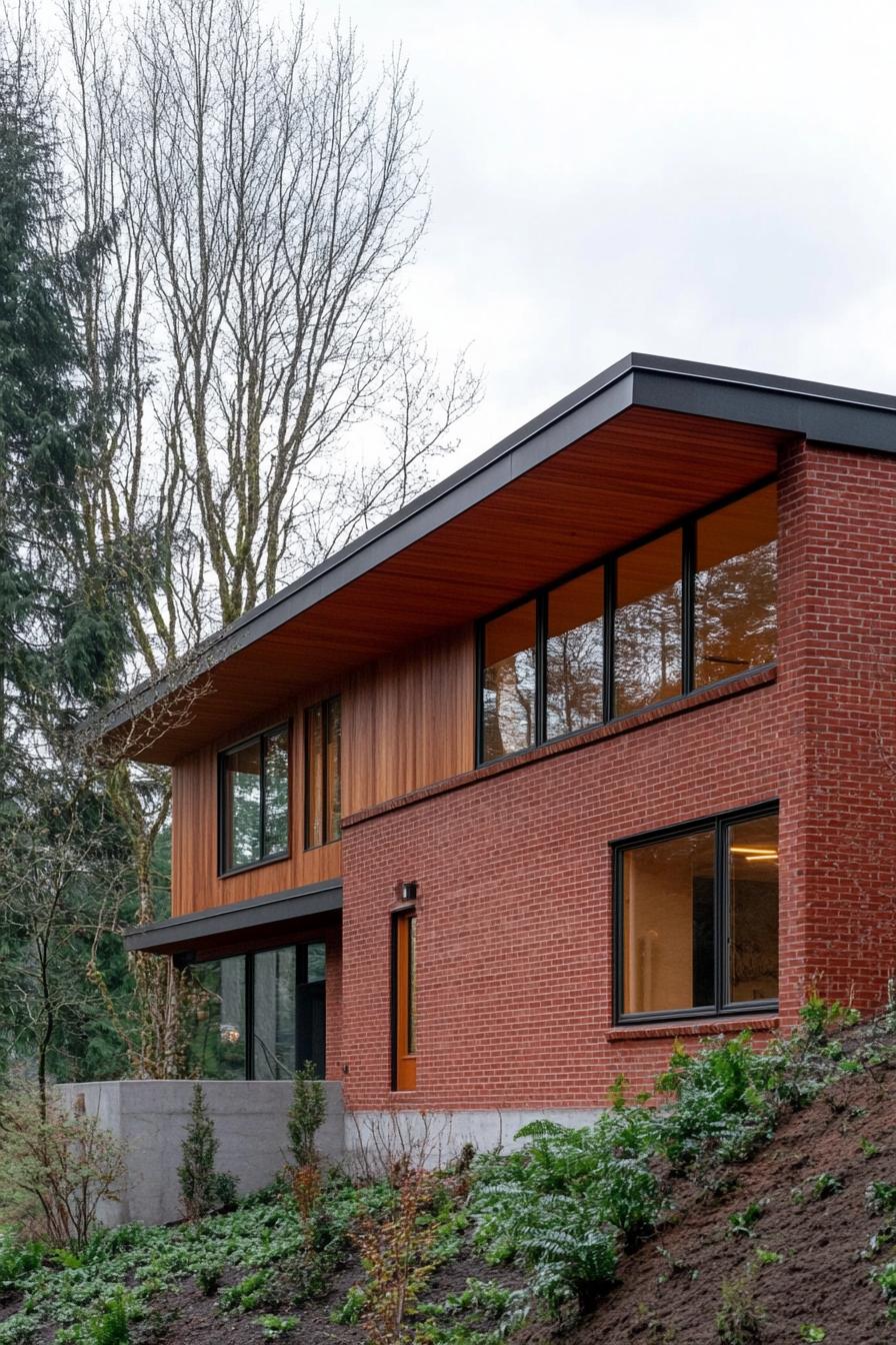 modern slope cascading house facade with red brick siding slanted roof along the hill full wall windows with wooden frames 2