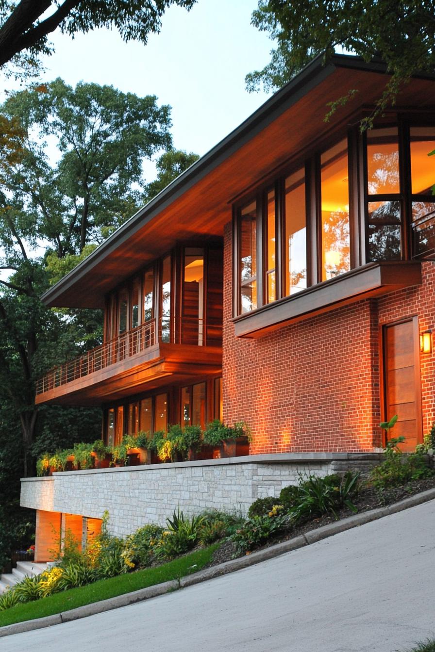 modern slope cascading house facade with red brick siding slanted roof along the hill full wall windows with wooden frames 3