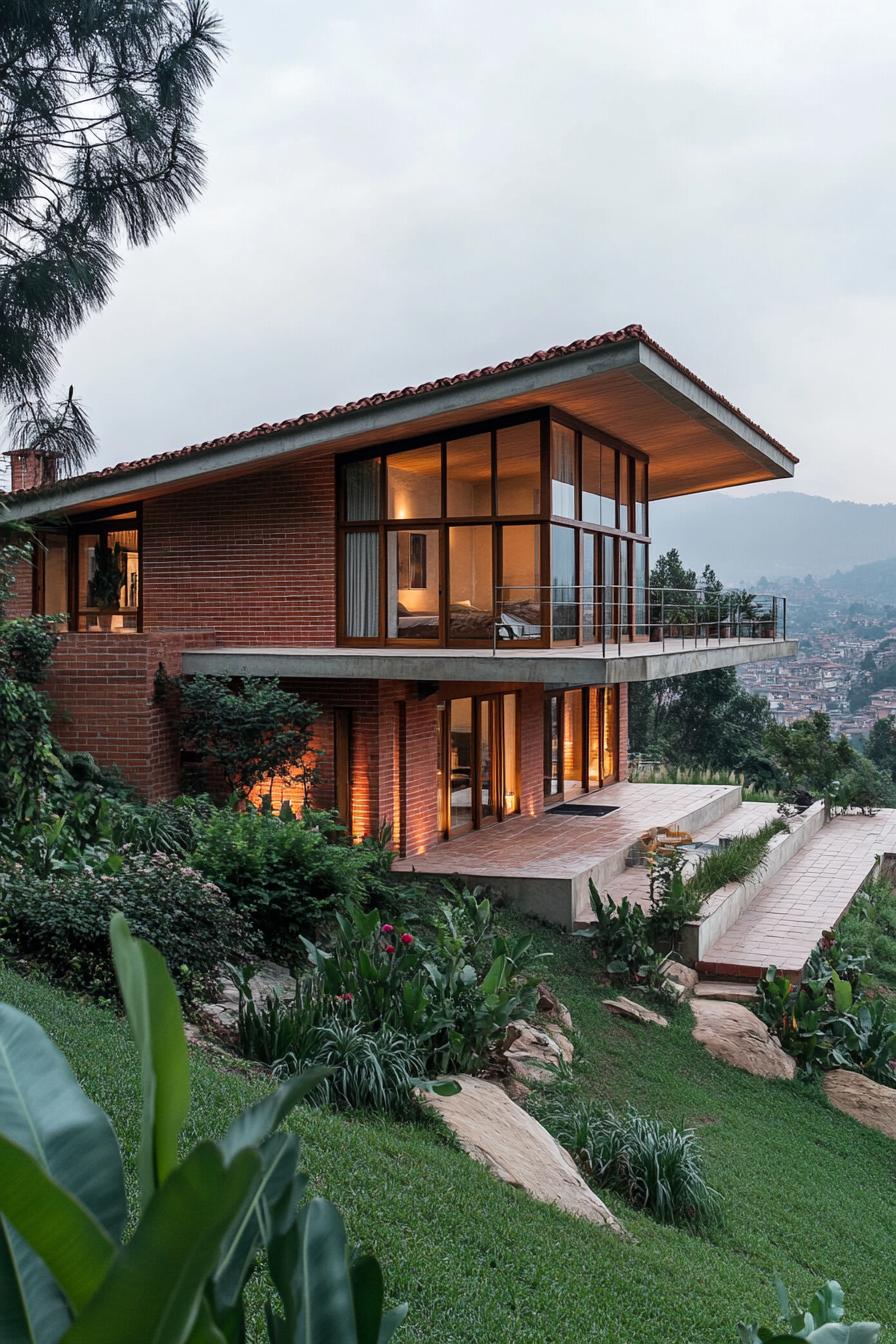 modern slope cascading house facade with red brick siding slanted roof along the hill full wall windows with wooden frames