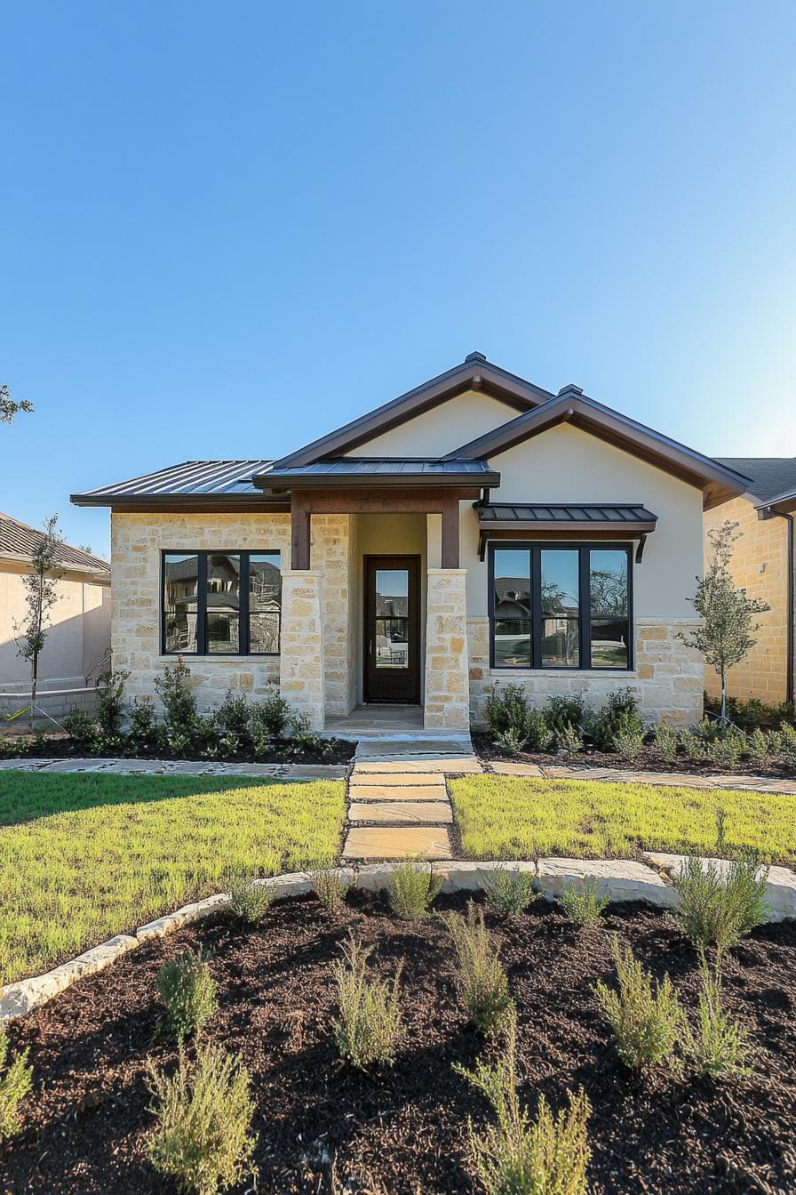 Single-story house with stone facade and manicured garden