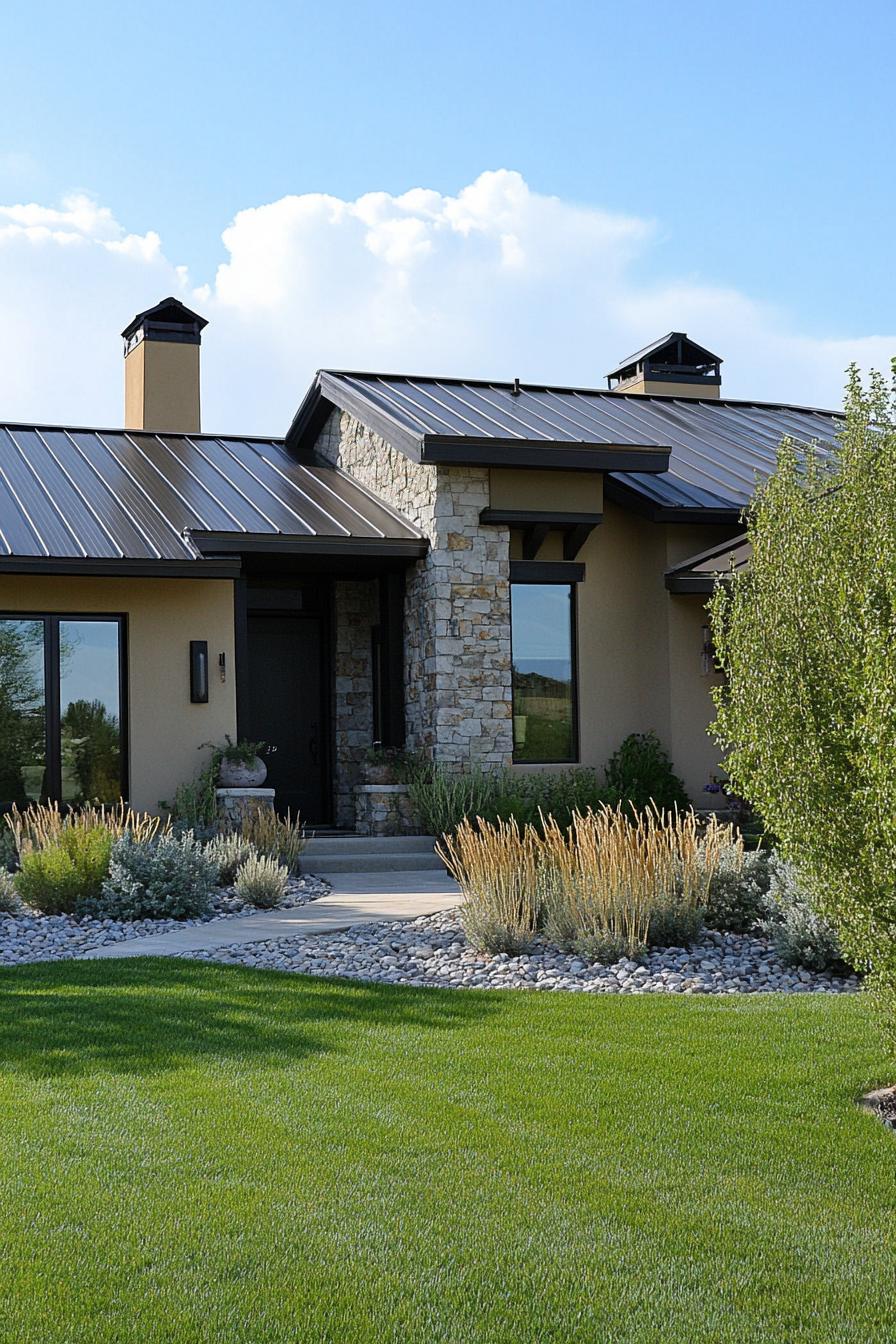 Contemporary one-story house with stone and stucco exterior