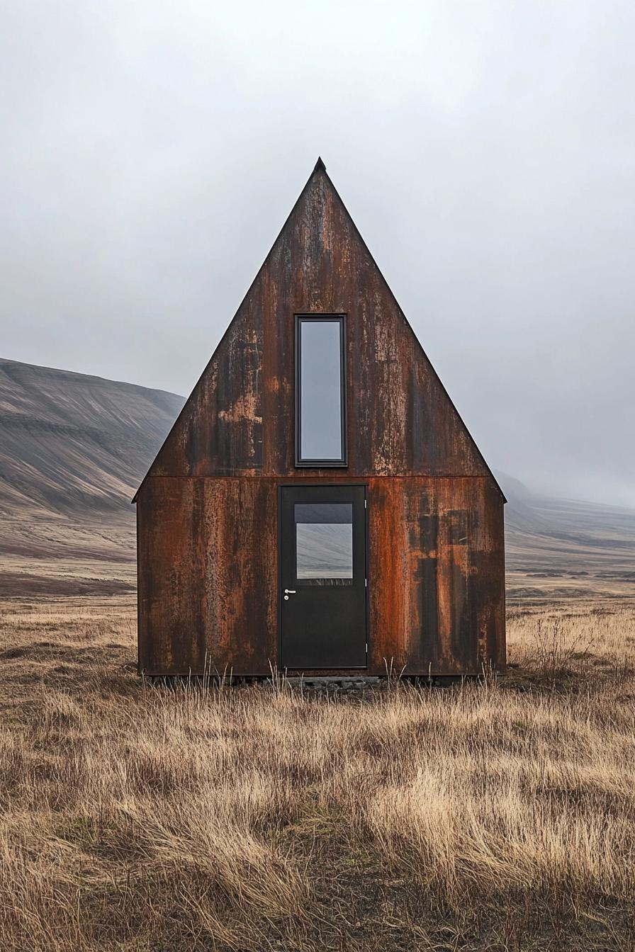 Cabin with a triangular roof in a grassy plain with mountains in the backdrop