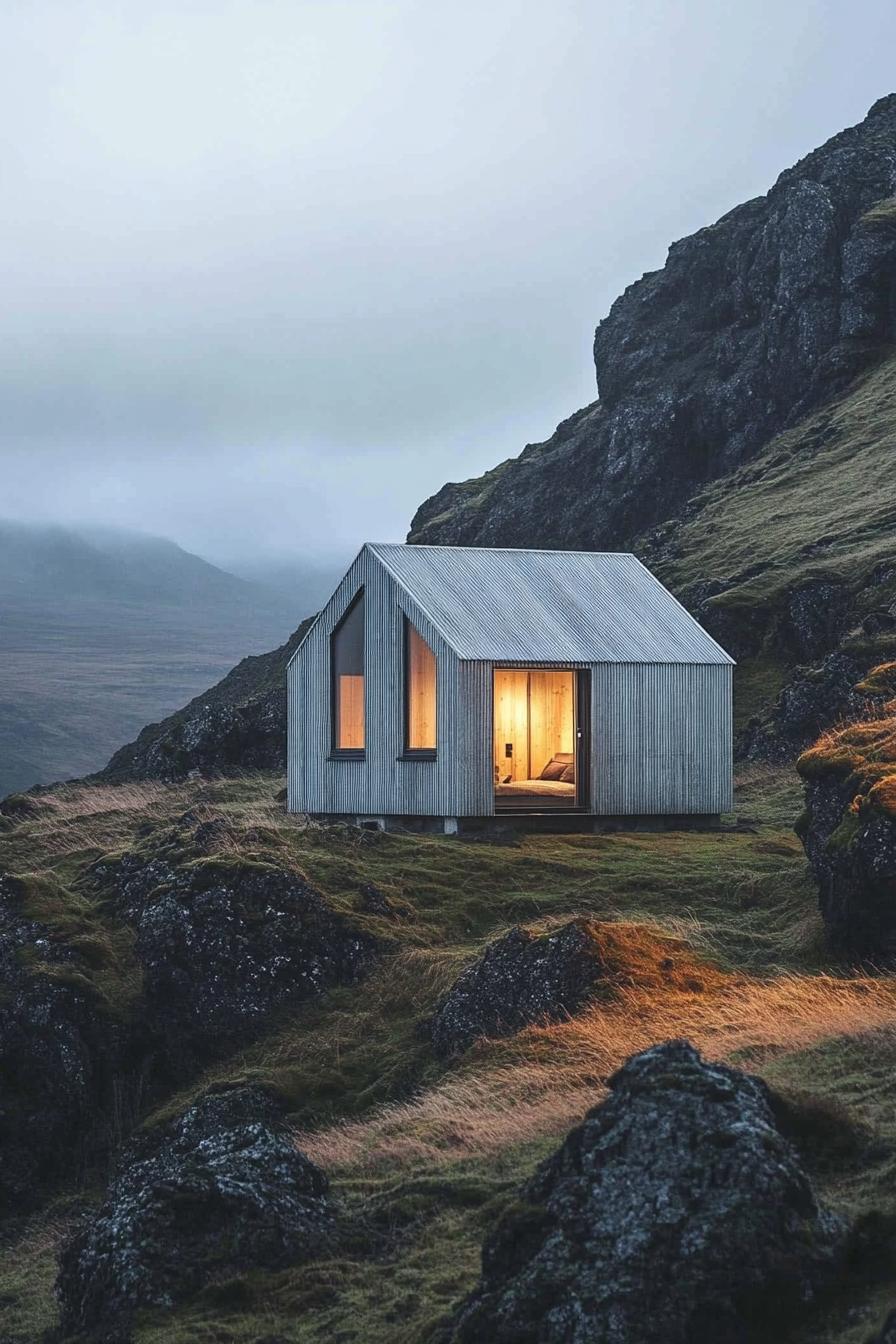 Cozy cabin nestled on a rocky hillside, with glowing windows