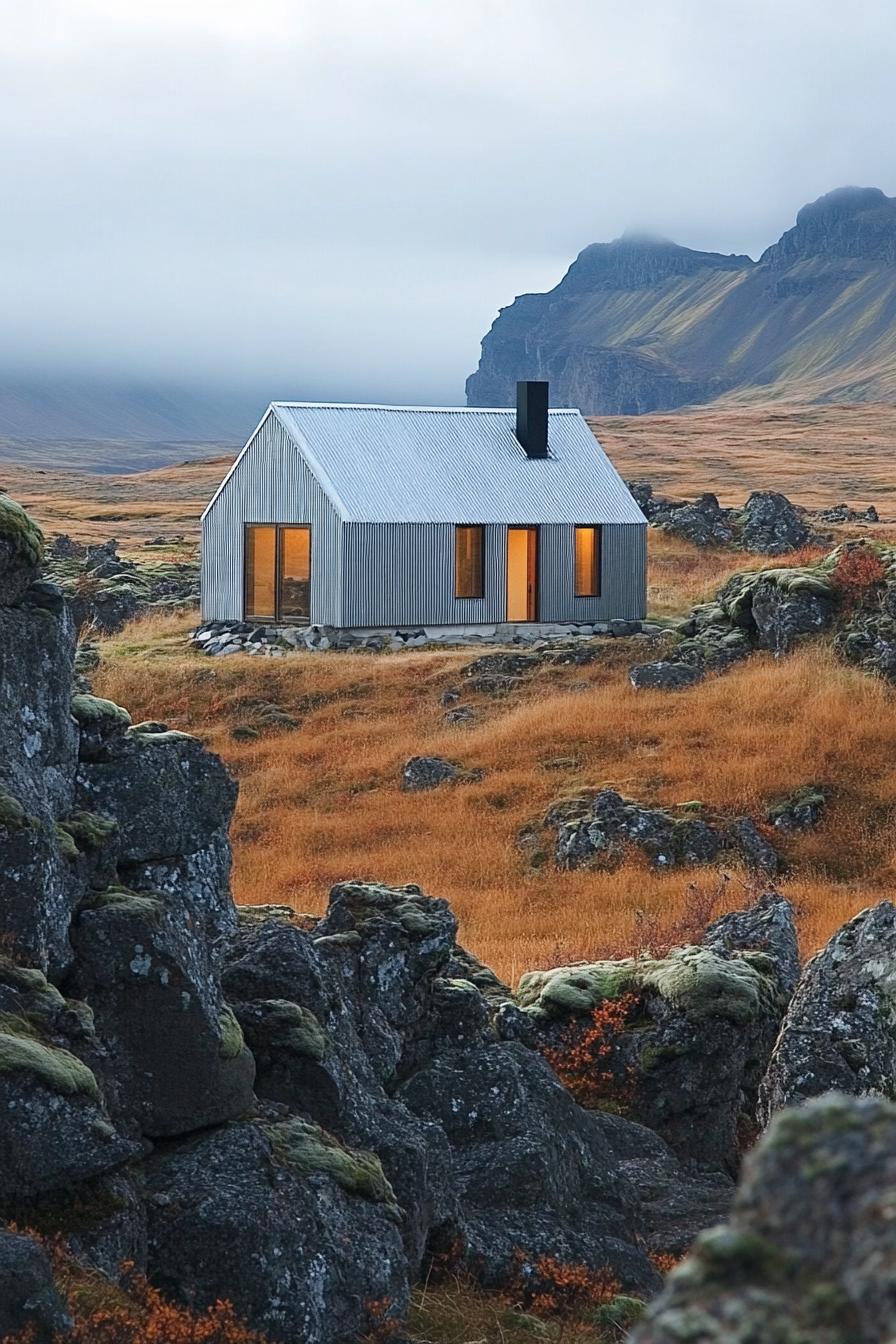 Small metal cabin surrounded by rocky terrain and misty mountains