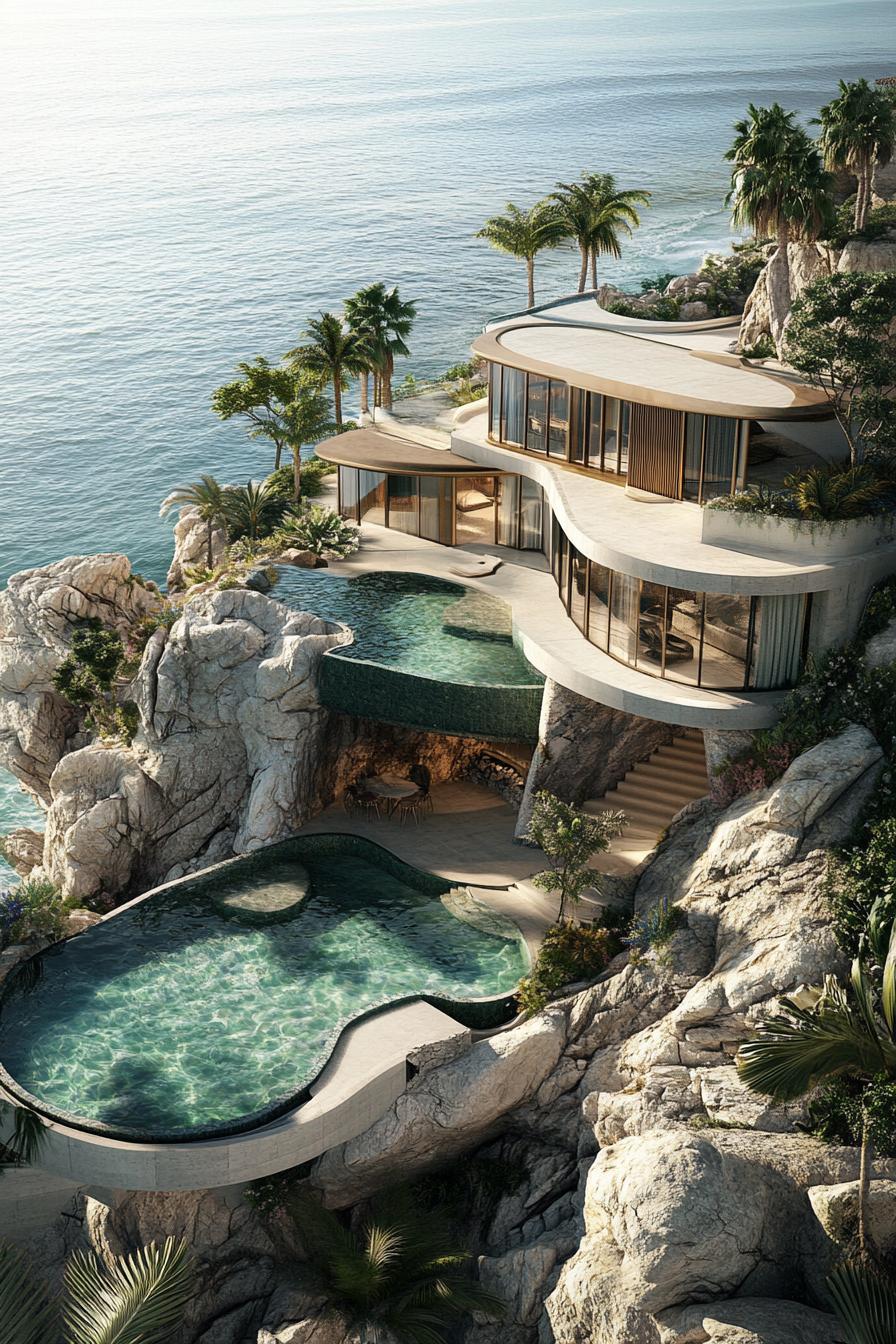 aerial view of modern massive seaside cliff mansion with natural pools surrounded with rocks and palms stunning ocean views 1