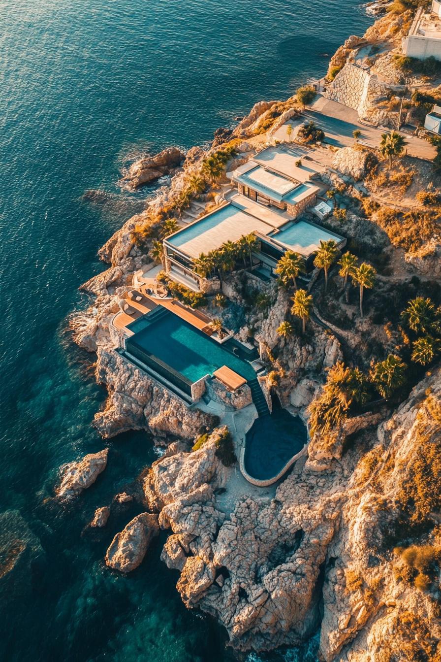 aerial view of modern massive seaside cliff mansion with natural pools surrounded with rocks and palms stunning ocean views 2