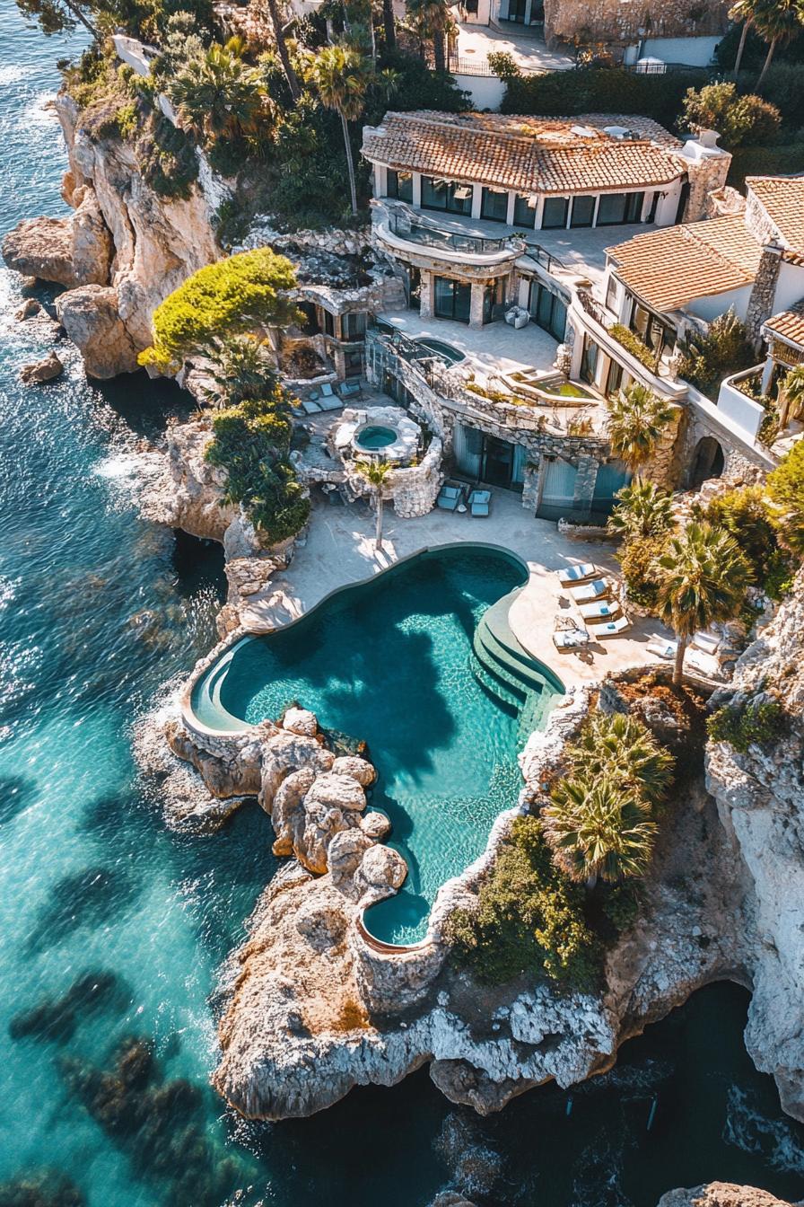 aerial view of modern massive seaside cliff mansion with natural pools surrounded with rocks and palms stunning ocean views