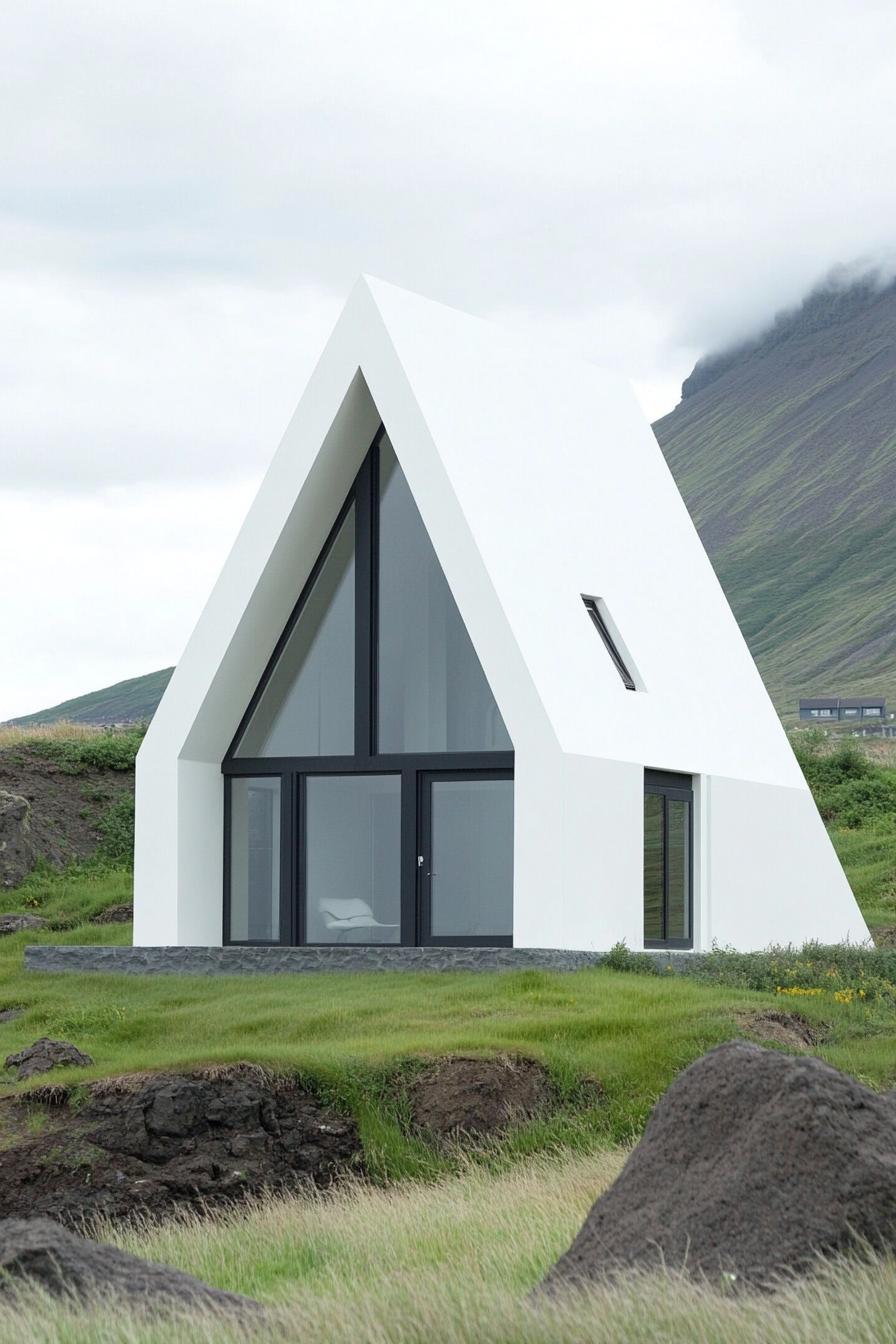 White A-frame house with large glass windows set against a hill