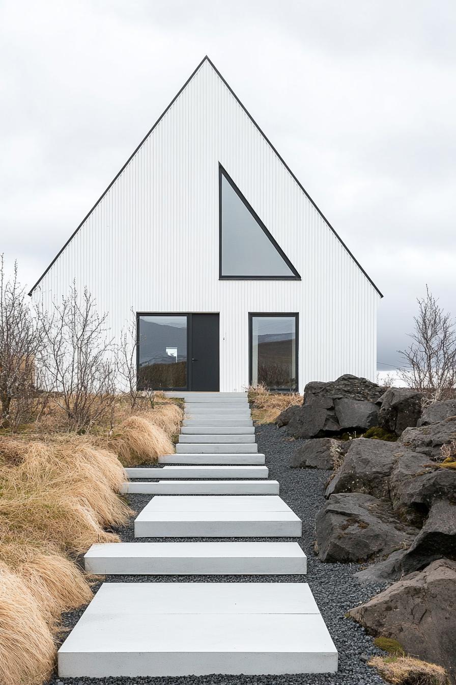 A modern house with a steep triangular roof and geometric windows