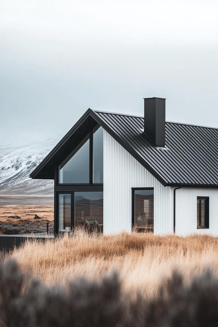 high angle view of a modern house with gable roof with chimney black and white siding Icelandic landscape 1