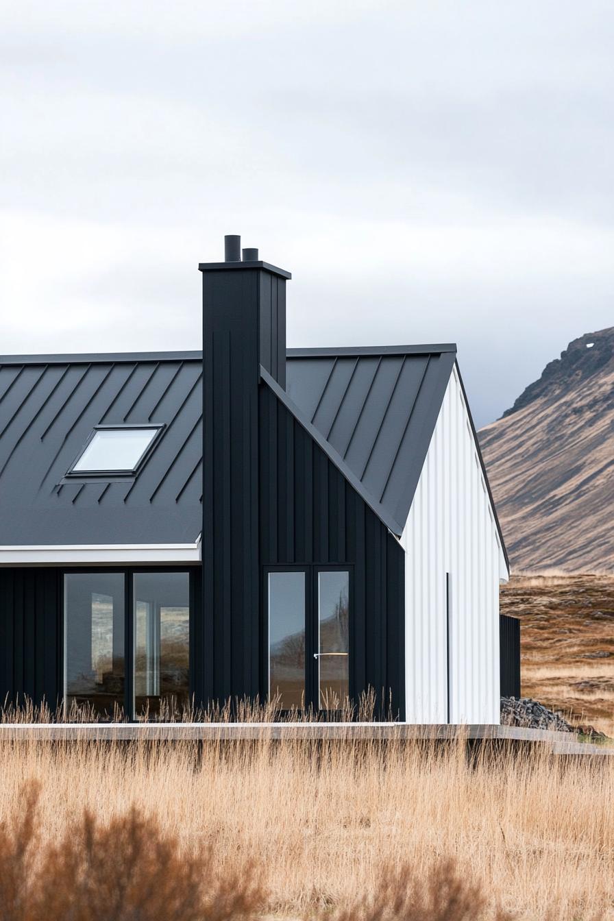 high angle view of a modern house with gable roof with chimney black and white siding Icelandic landscape 2