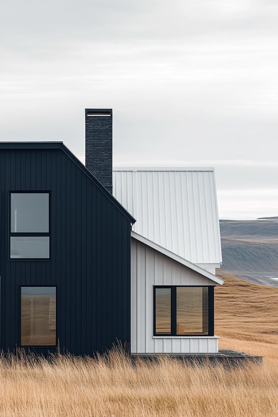 high angle view of a modern house with gable roof with chimney black and white siding Icelandic landscape 3