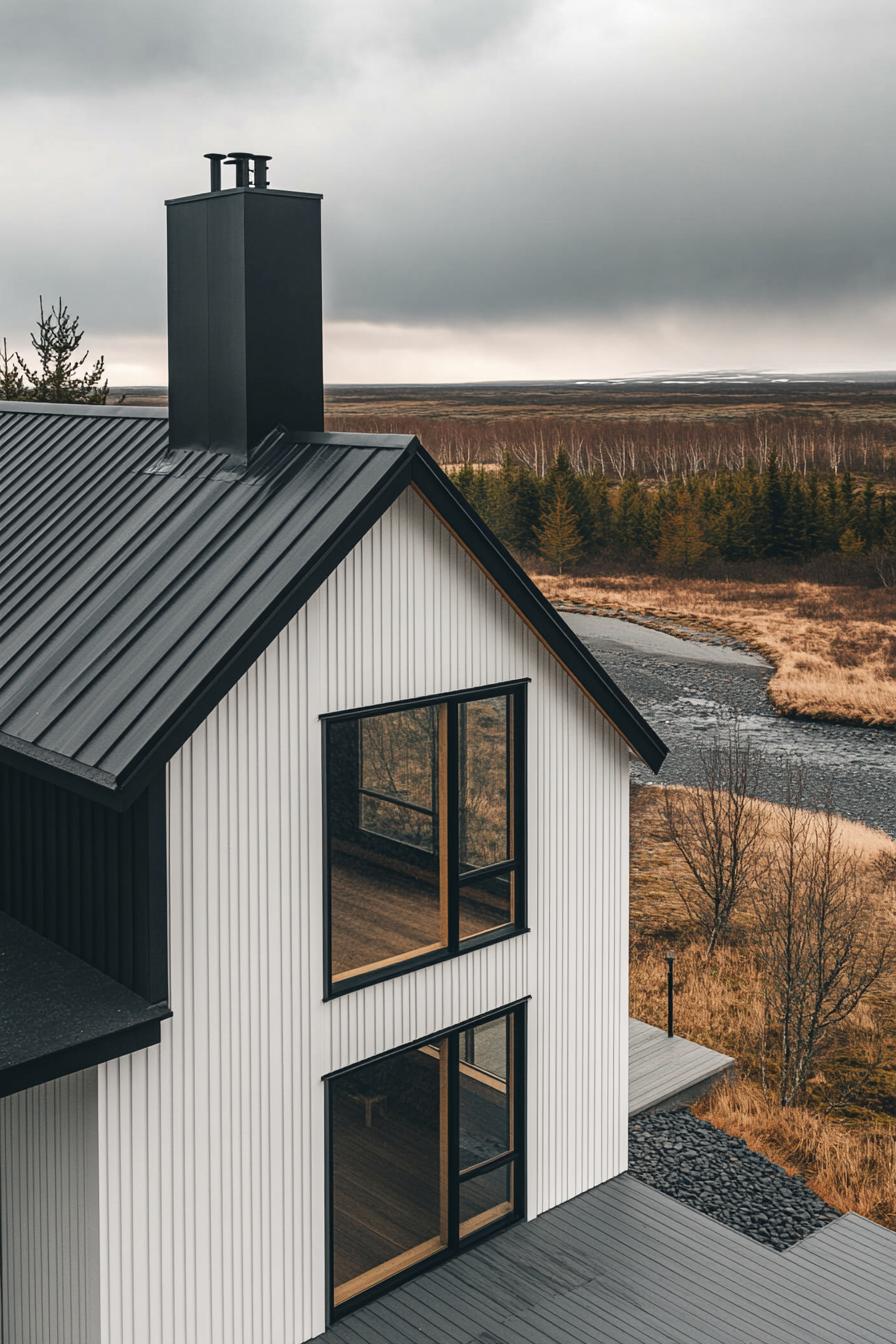 high angle view of a modern house with gable roof with chimney black and white siding Icelandic landscape