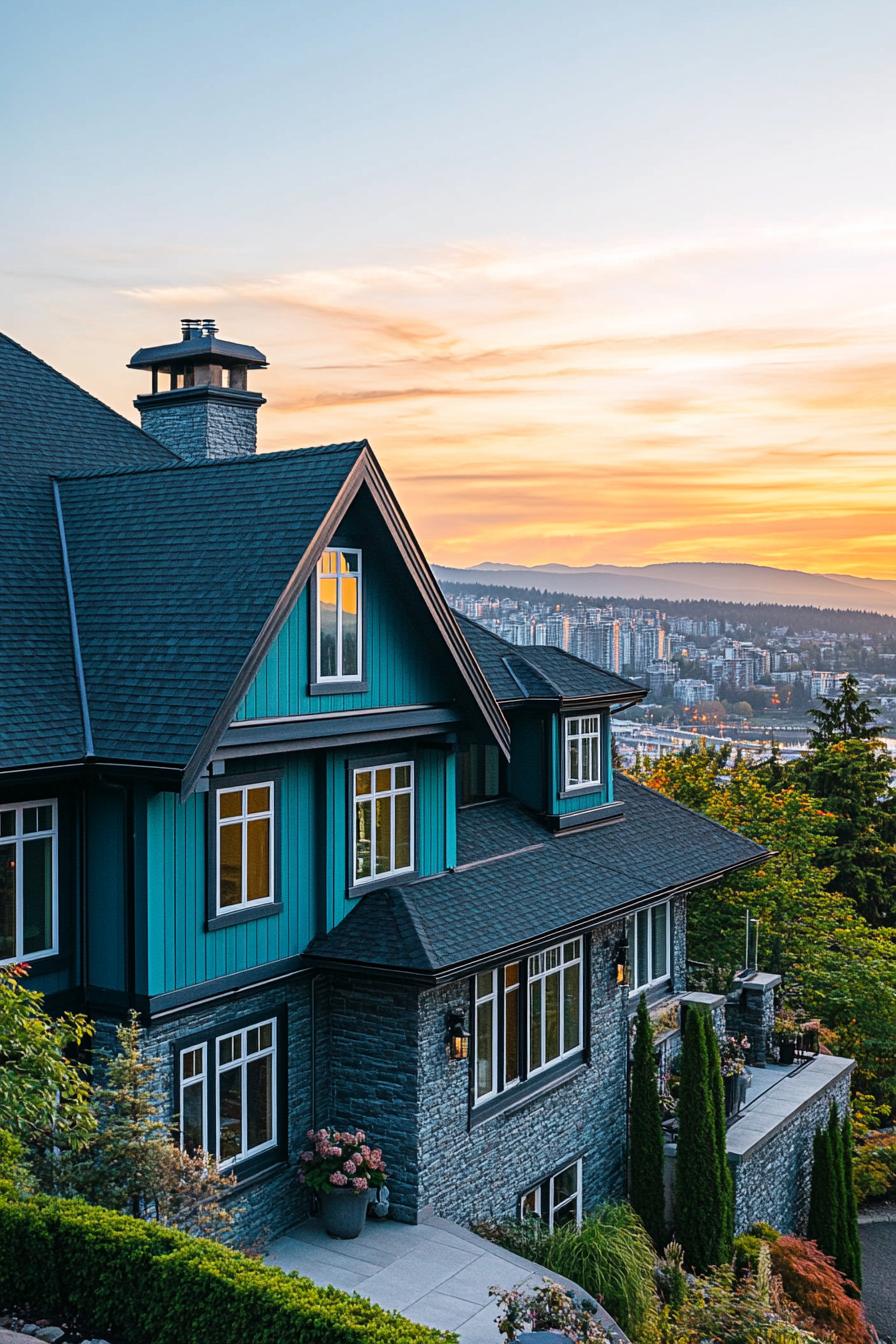 high angle view of large modern manor house in teal painted wooden siding modern windows roof with gables and grey stone shingles on a hill with a