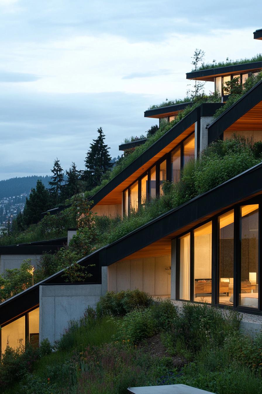 hillside slope architecture terraced house with single slanted roof covering split level facade