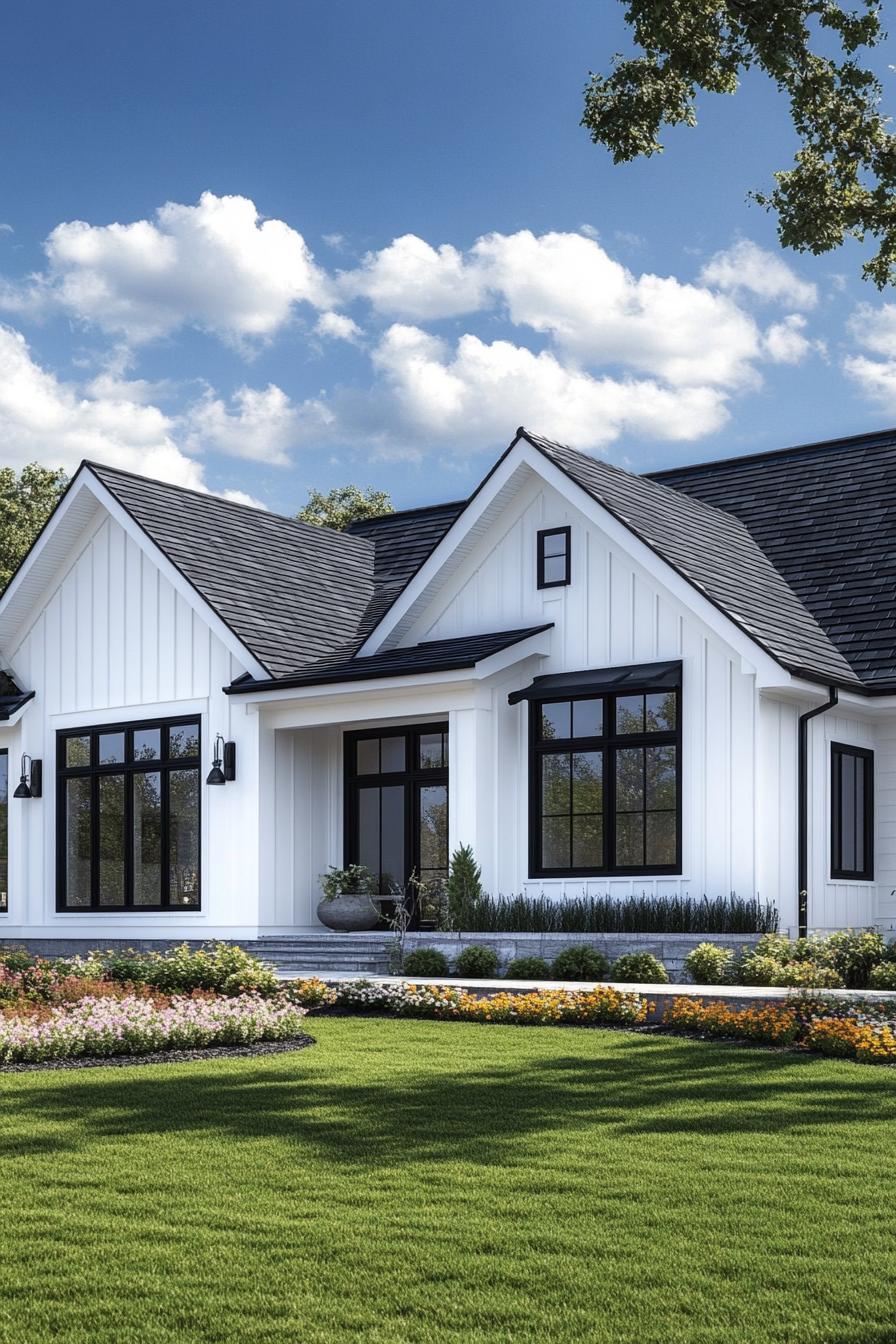 Modern ranch-style house with white siding, black trim, lush landscaping, and a pristine lawn