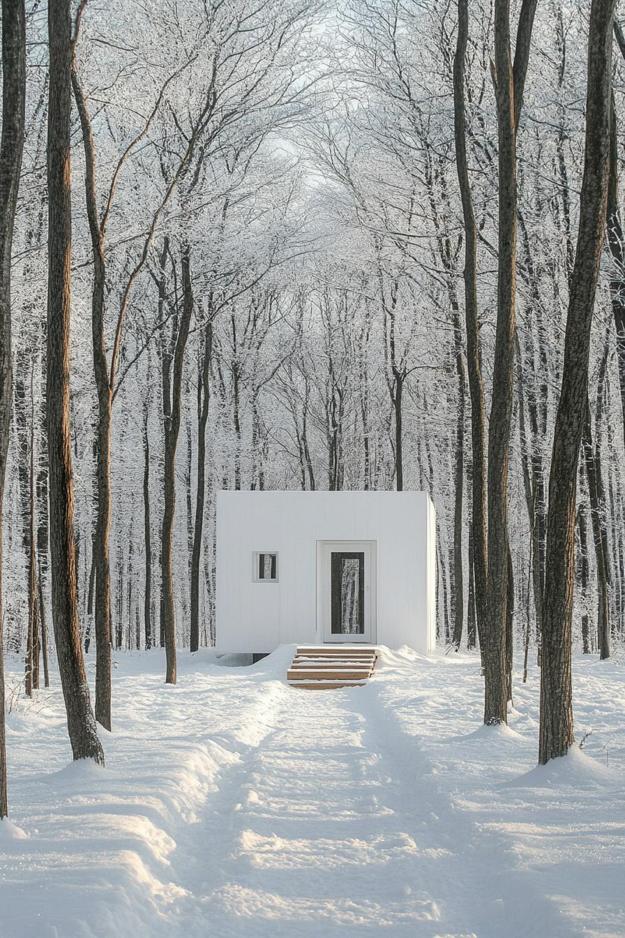 White minimalist cabin in a snowy forest