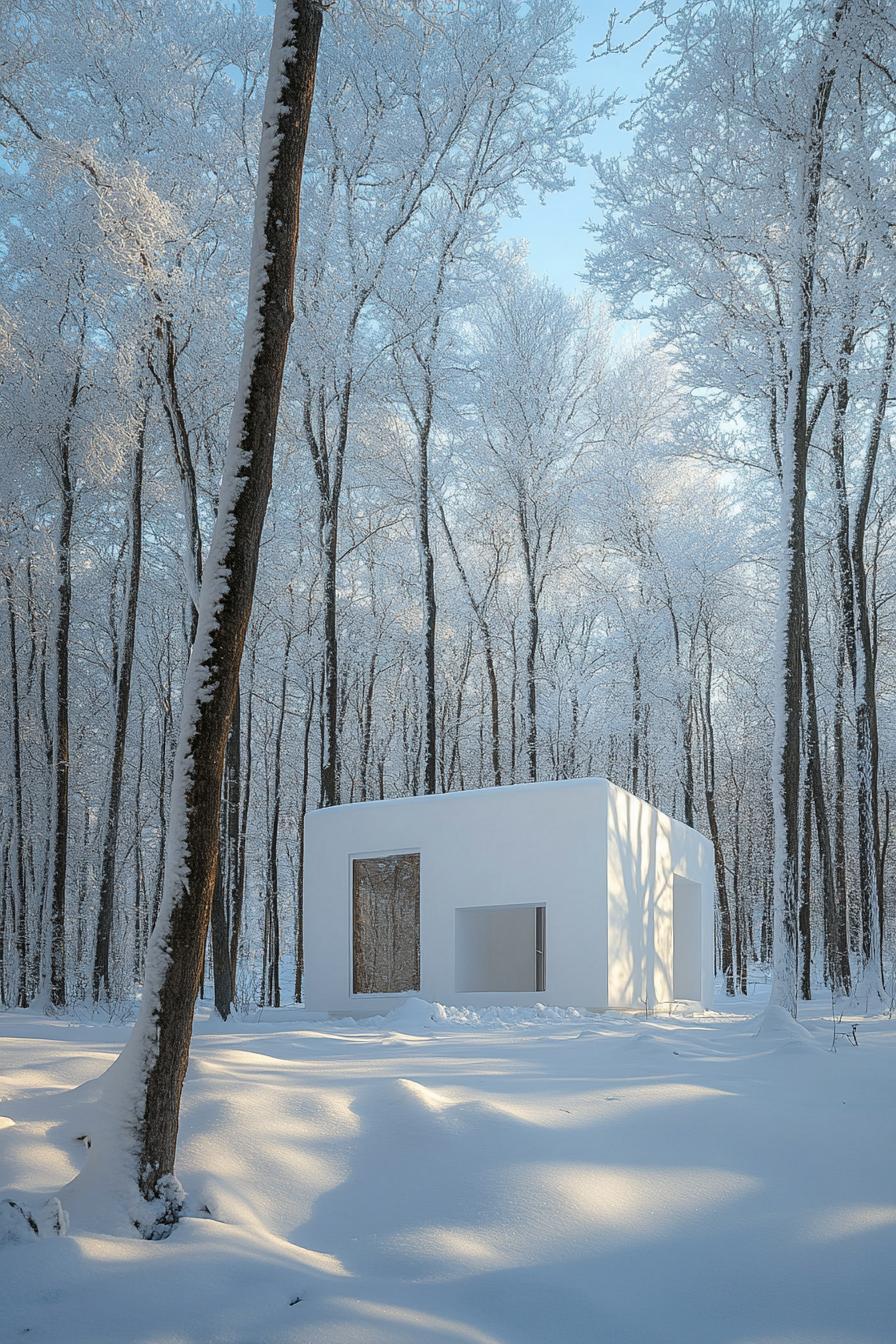 Small white cabin in a snowy woodland setting