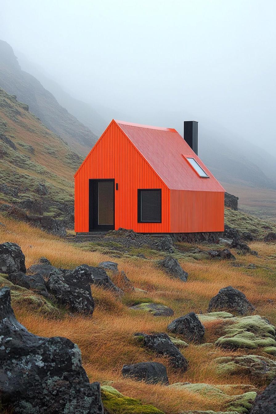 Bright orange cabin in a misty, rocky landscape