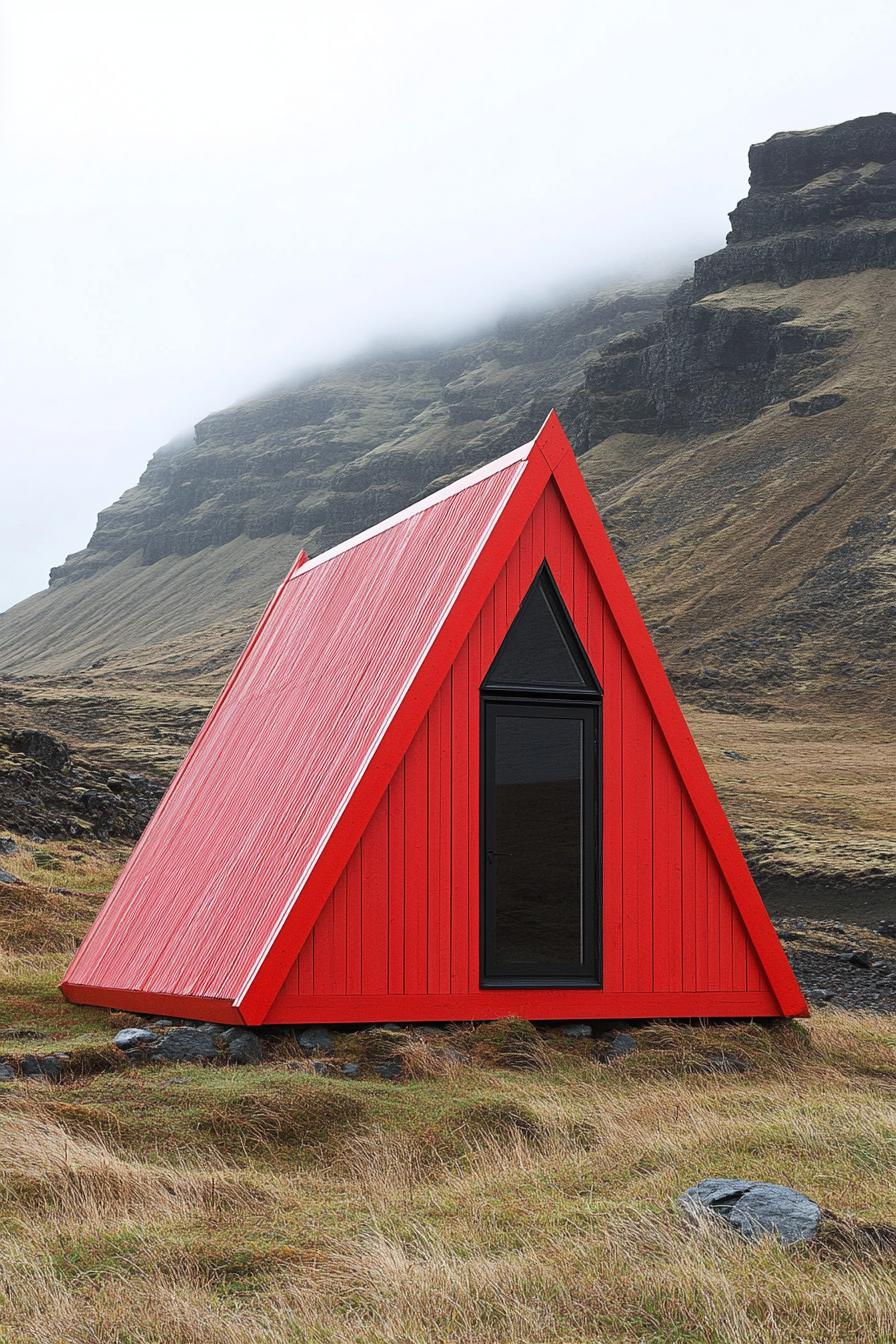 Red triangular cabin in a rugged mountain landscape