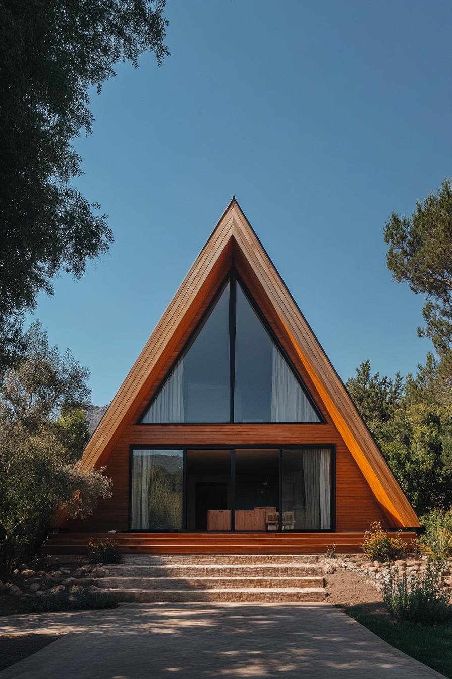 A triangular wooden house with large glass windows