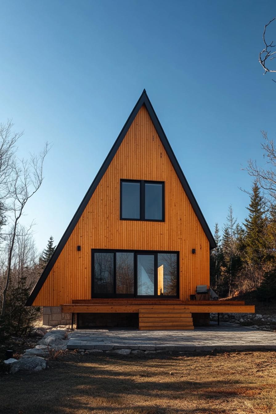 A-Frame wooden house surrounded by trees