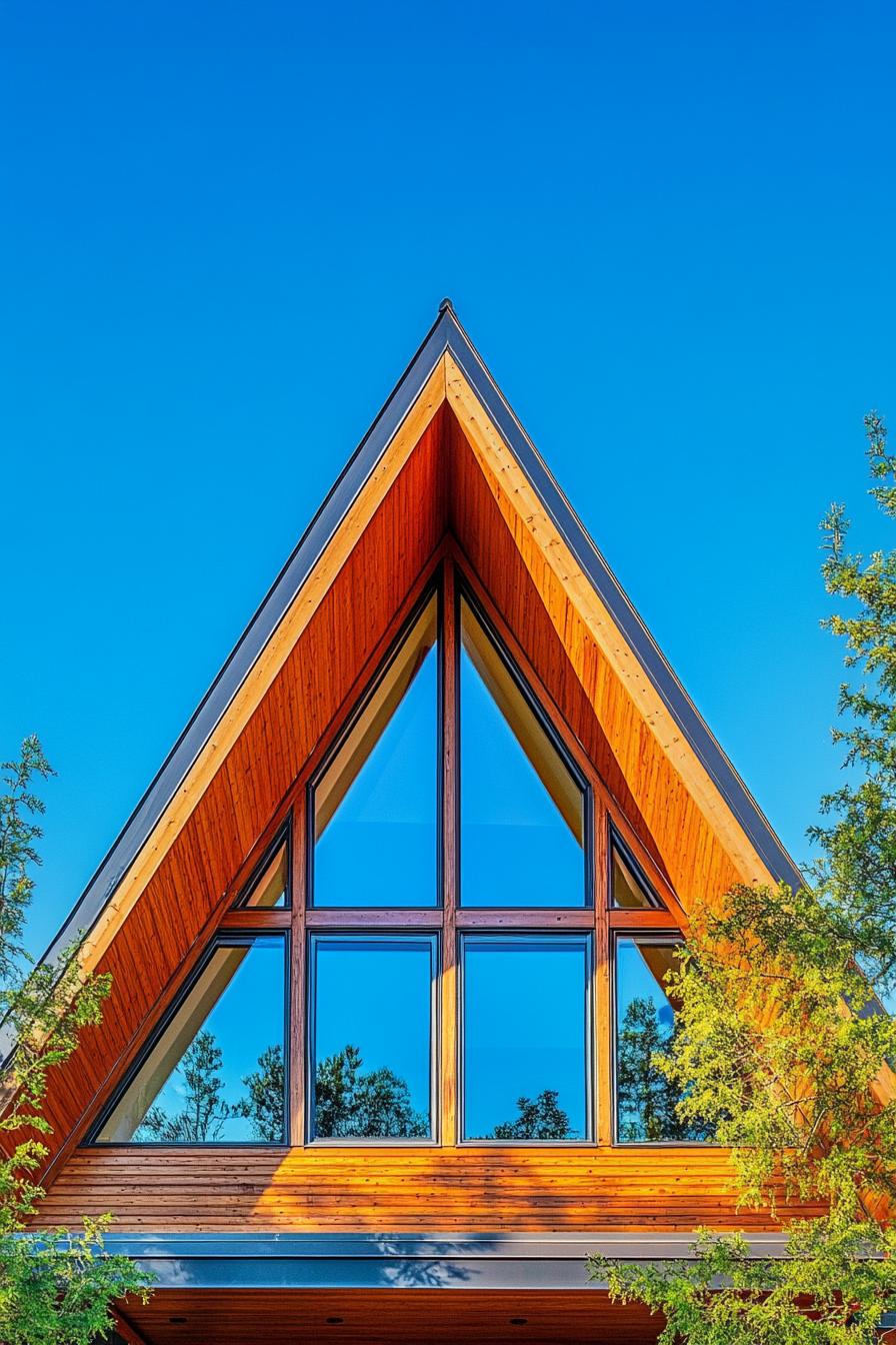 A-frame house with large glass windows set against a vibrant blue sky