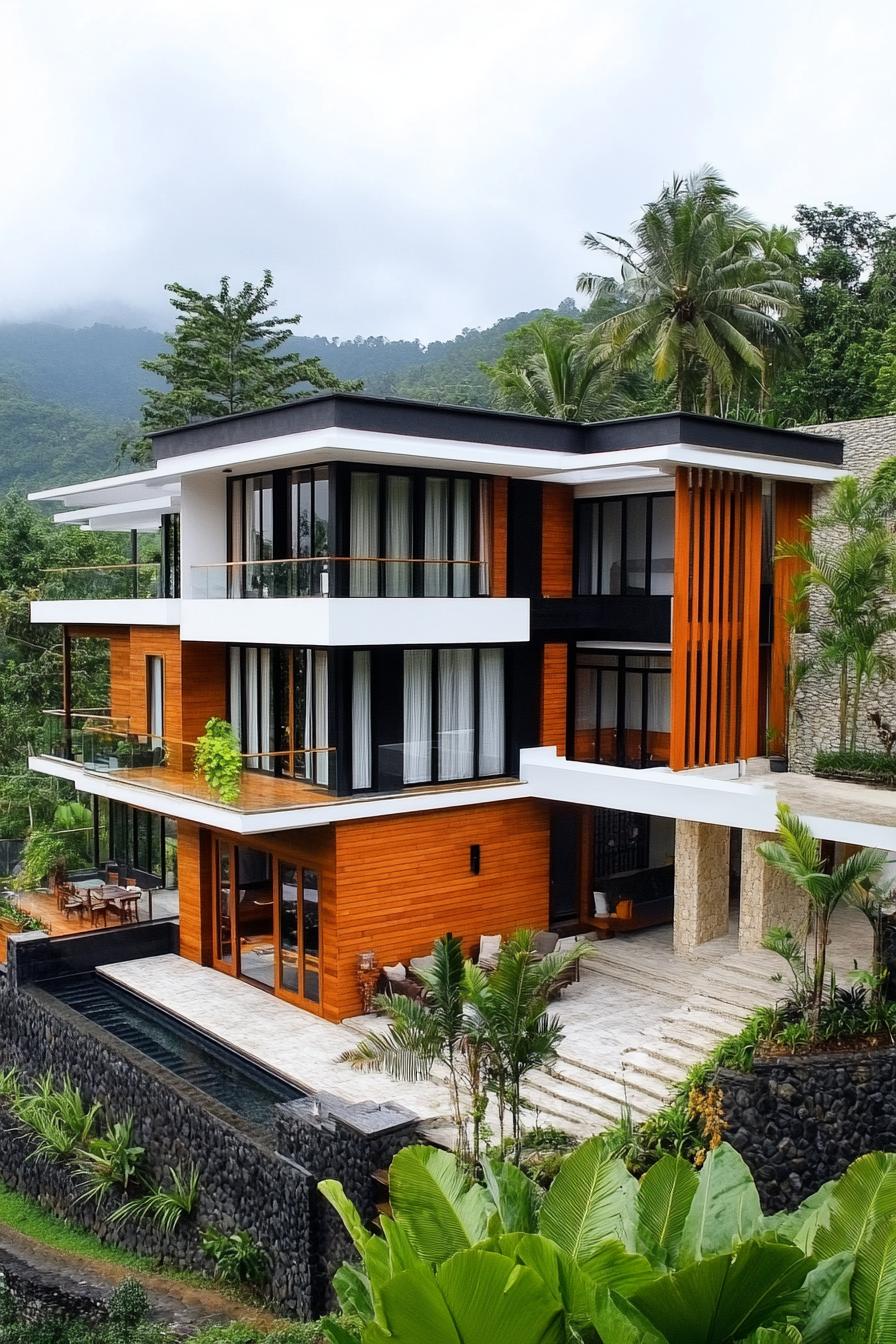 high angle view of a modern house with geometric blocked facade white and natural wood siding tropical rice terraces 1