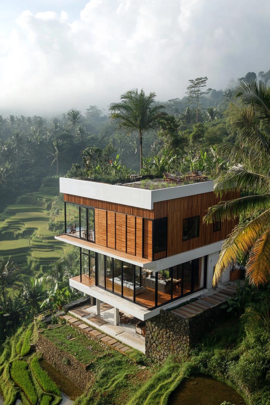 high angle view of a modern house with geometric blocked facade white and natural wood siding tropical rice terraces 2