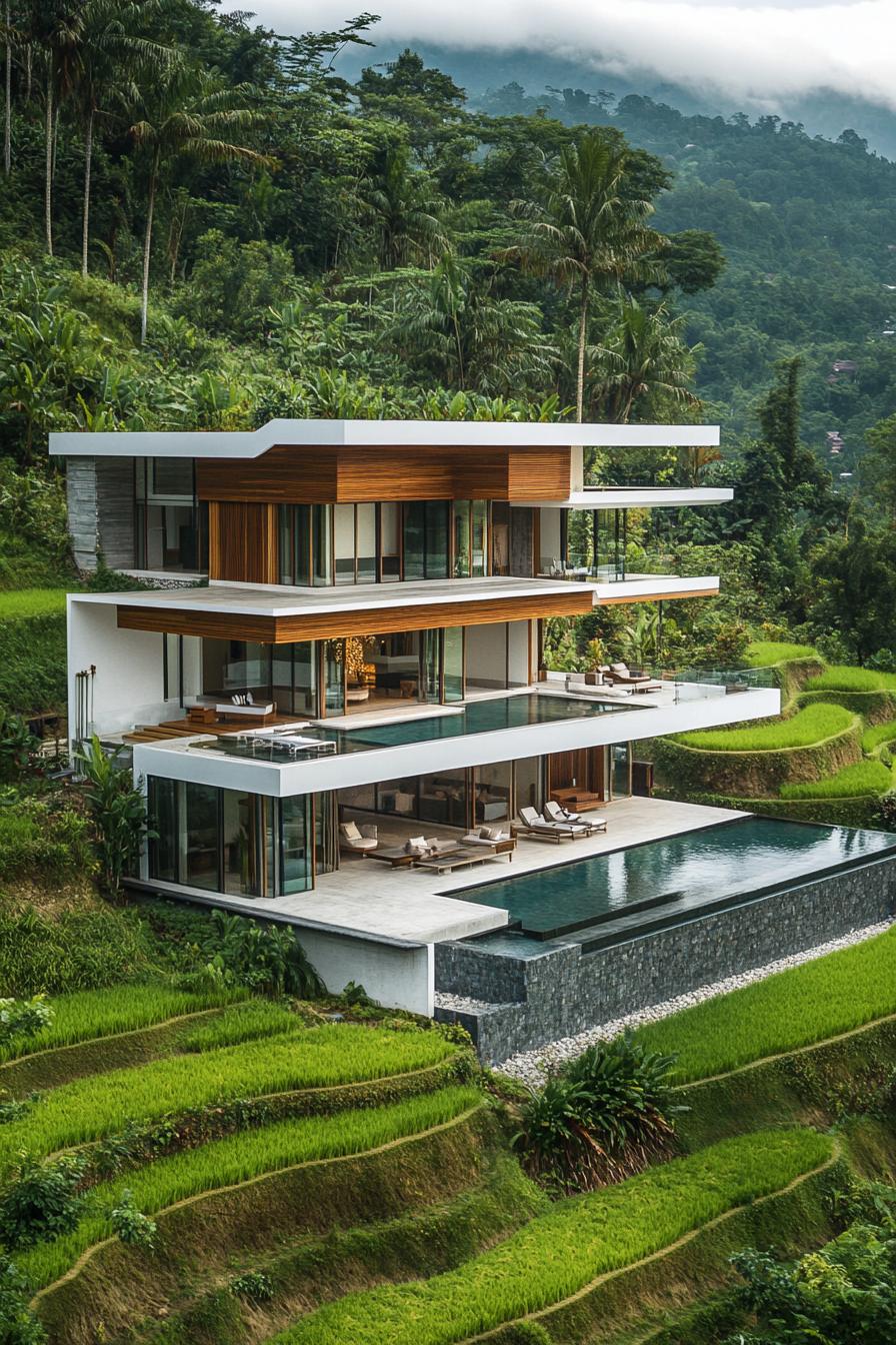 high angle view of a modern house with geometric blocked facade white and natural wood siding tropical rice terraces 3