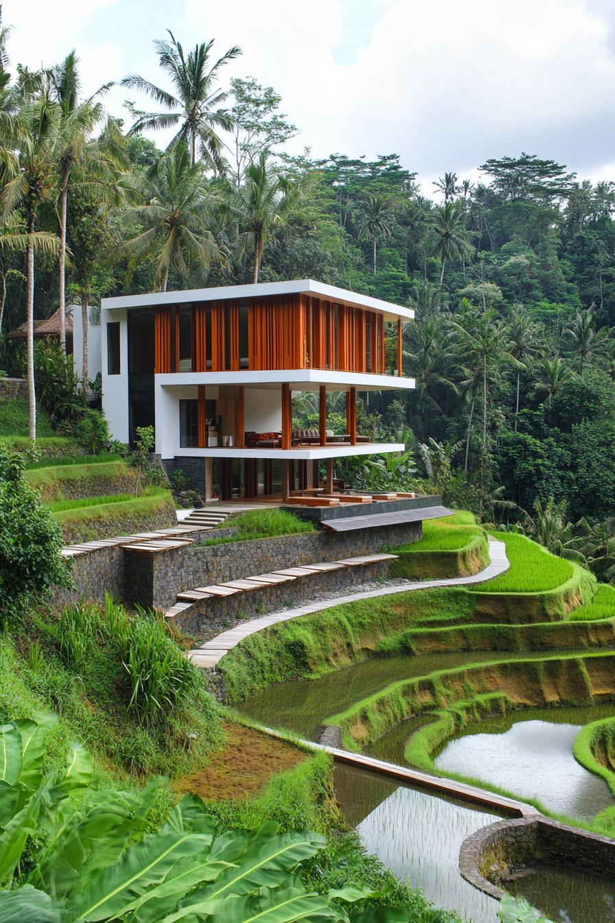 high angle view of a modern house with geometric blocked facade white and natural wood siding tropical rice terraces