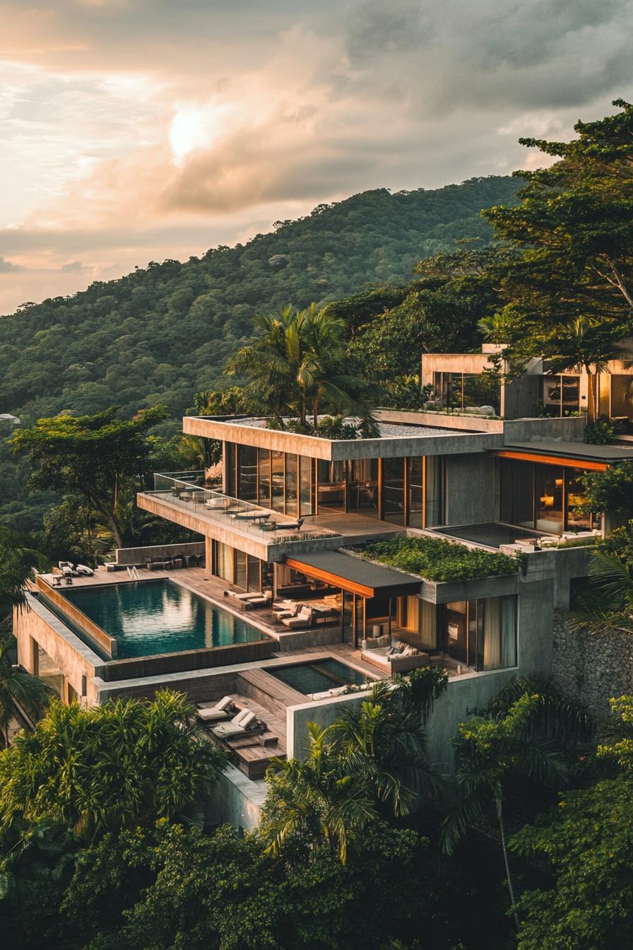 high view angle of a hillside mansion in tropical mountains concrete facade with multiple terraces and pools 1