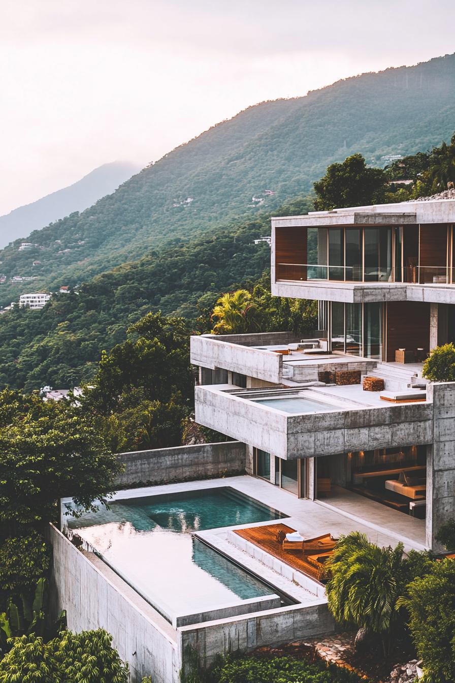 high view angle of a hillside mansion in tropical mountains concrete facade with multiple terraces and pools