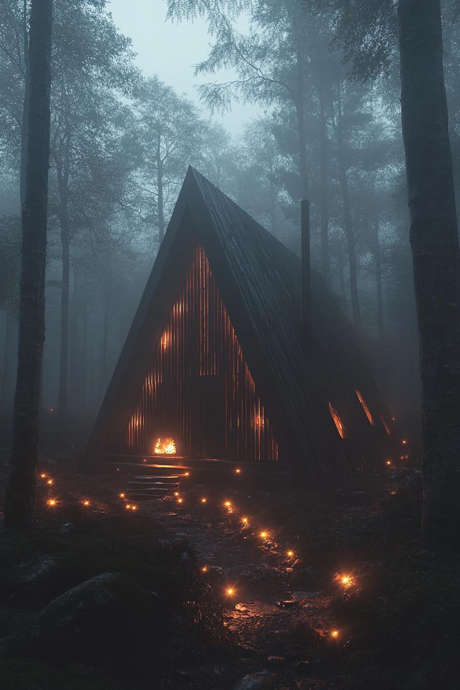 A cozy A-frame cabin in a misty forest with glowing lights