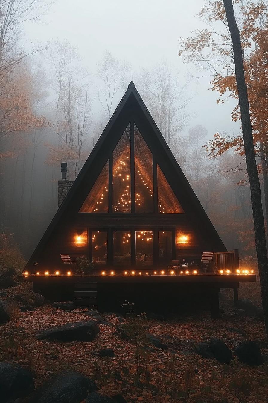 Illuminated A-Frame cabin with autumn foliage