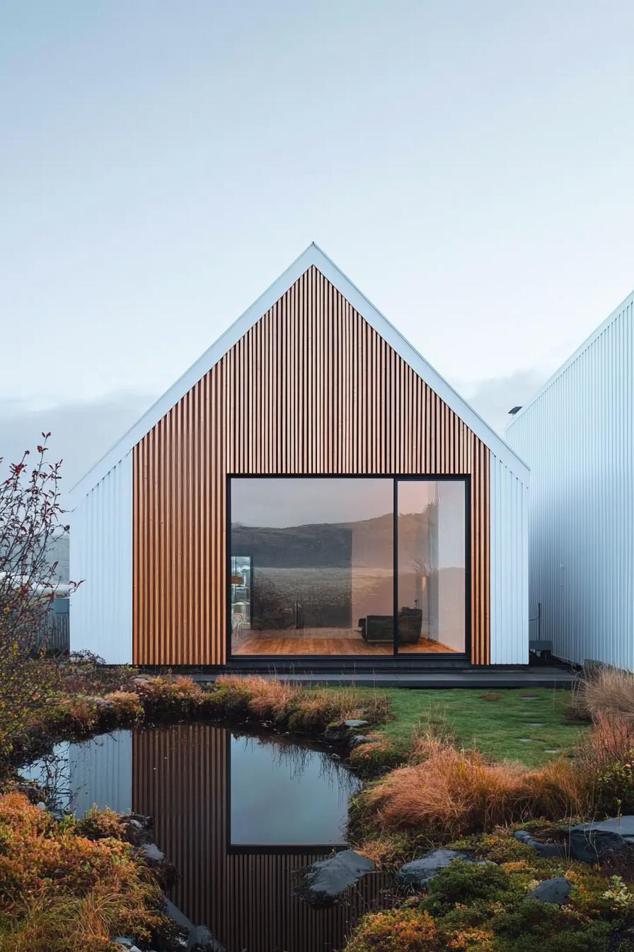 Facade of modern house with triangular roof and wood design