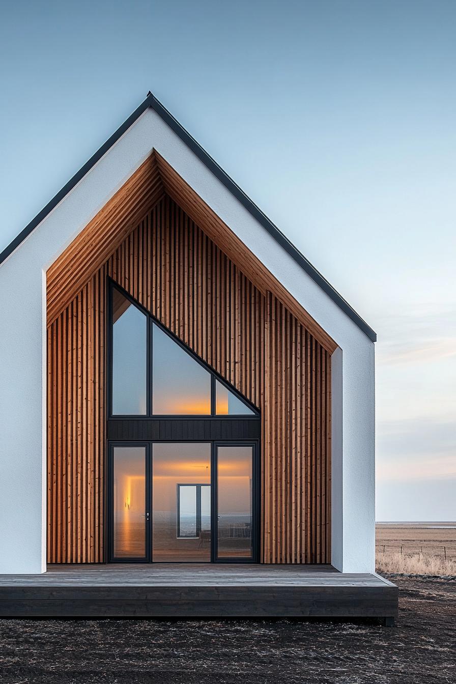 Wooden facade with large windows and a warm glow