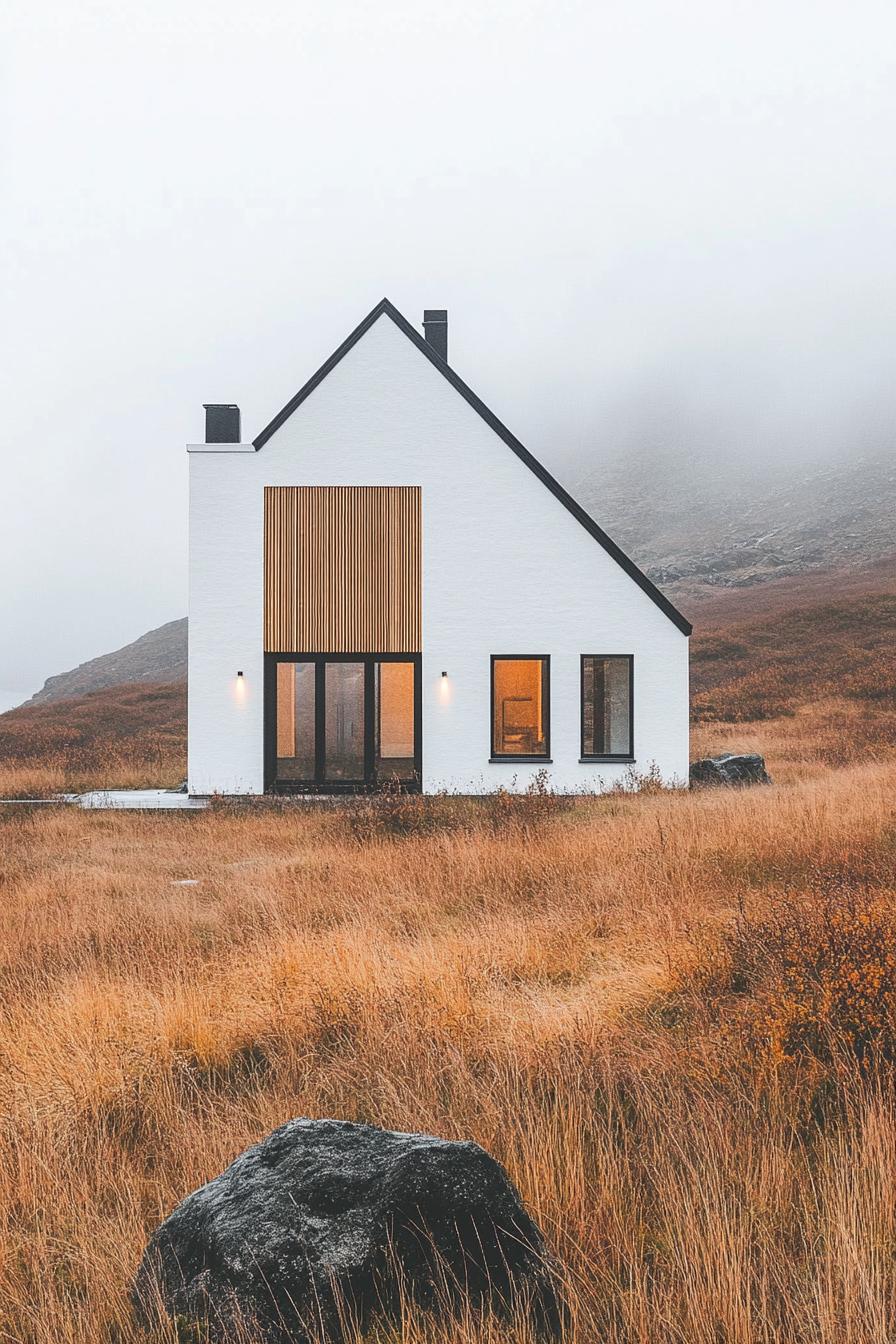 Modern house with wooden facade in foggy landscape