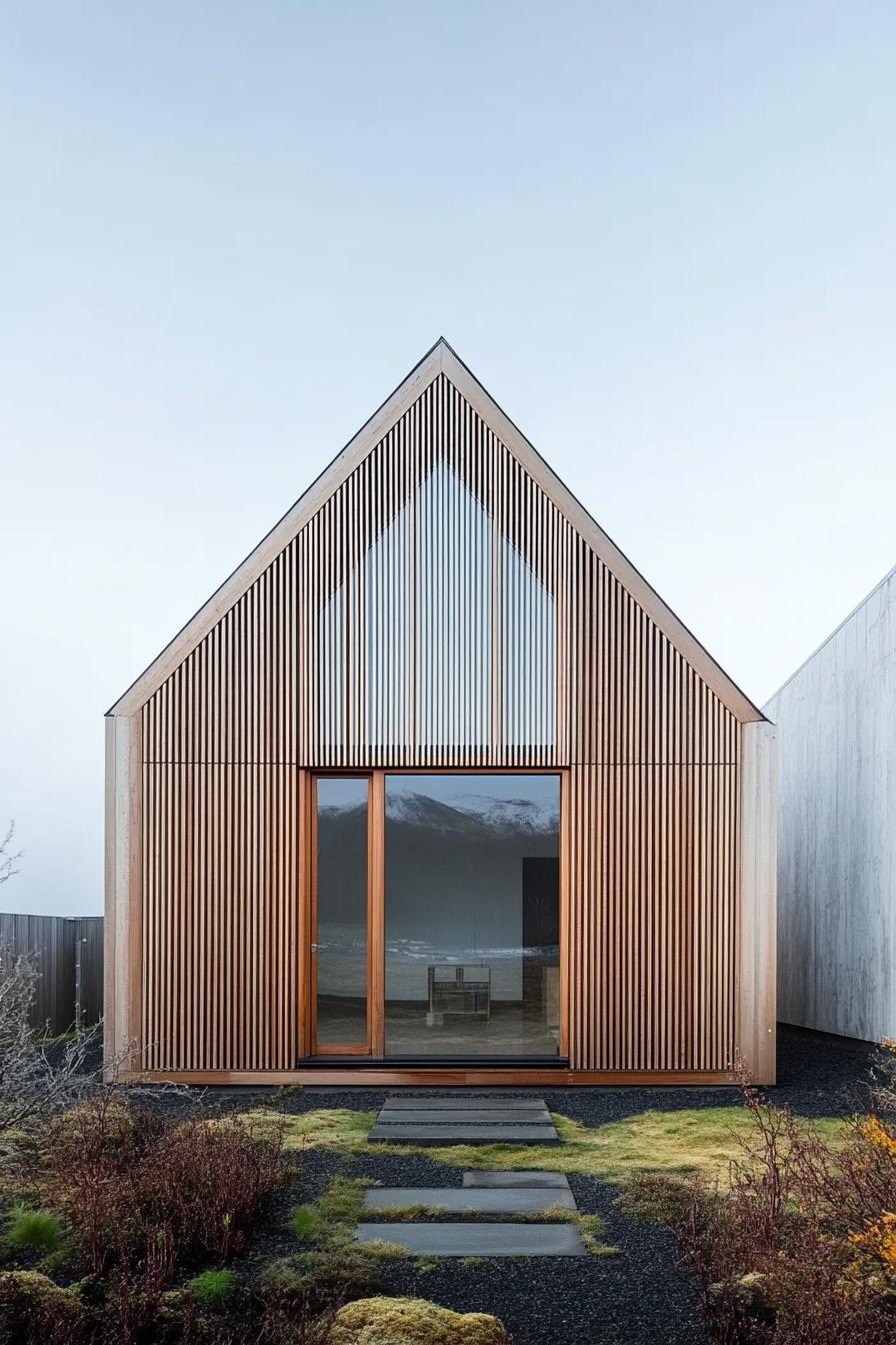 Modern wooden cabin with slatted facade and gable roof