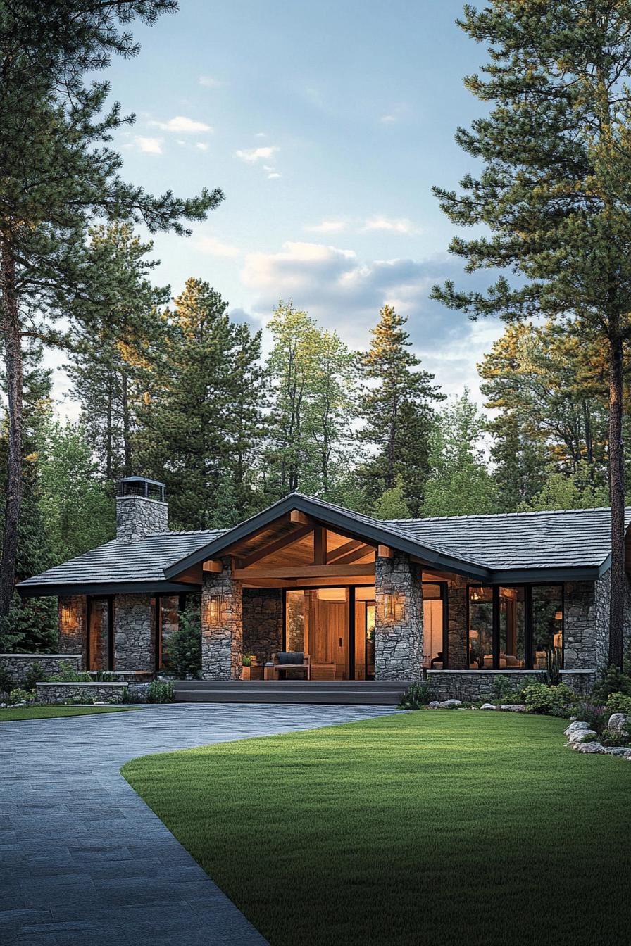 One-story stone house surrounded by trees