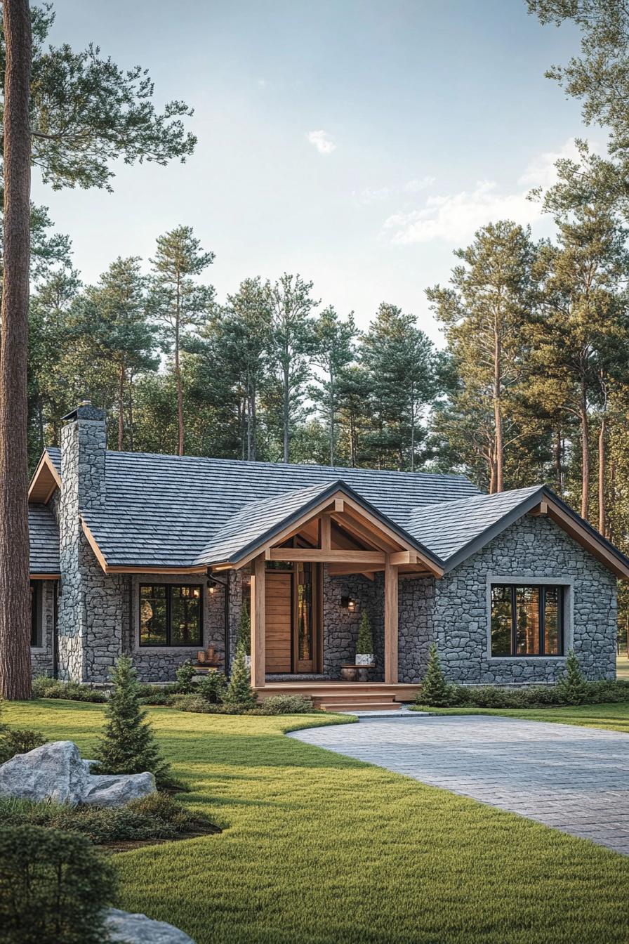 Cozy stone house amidst tall pines